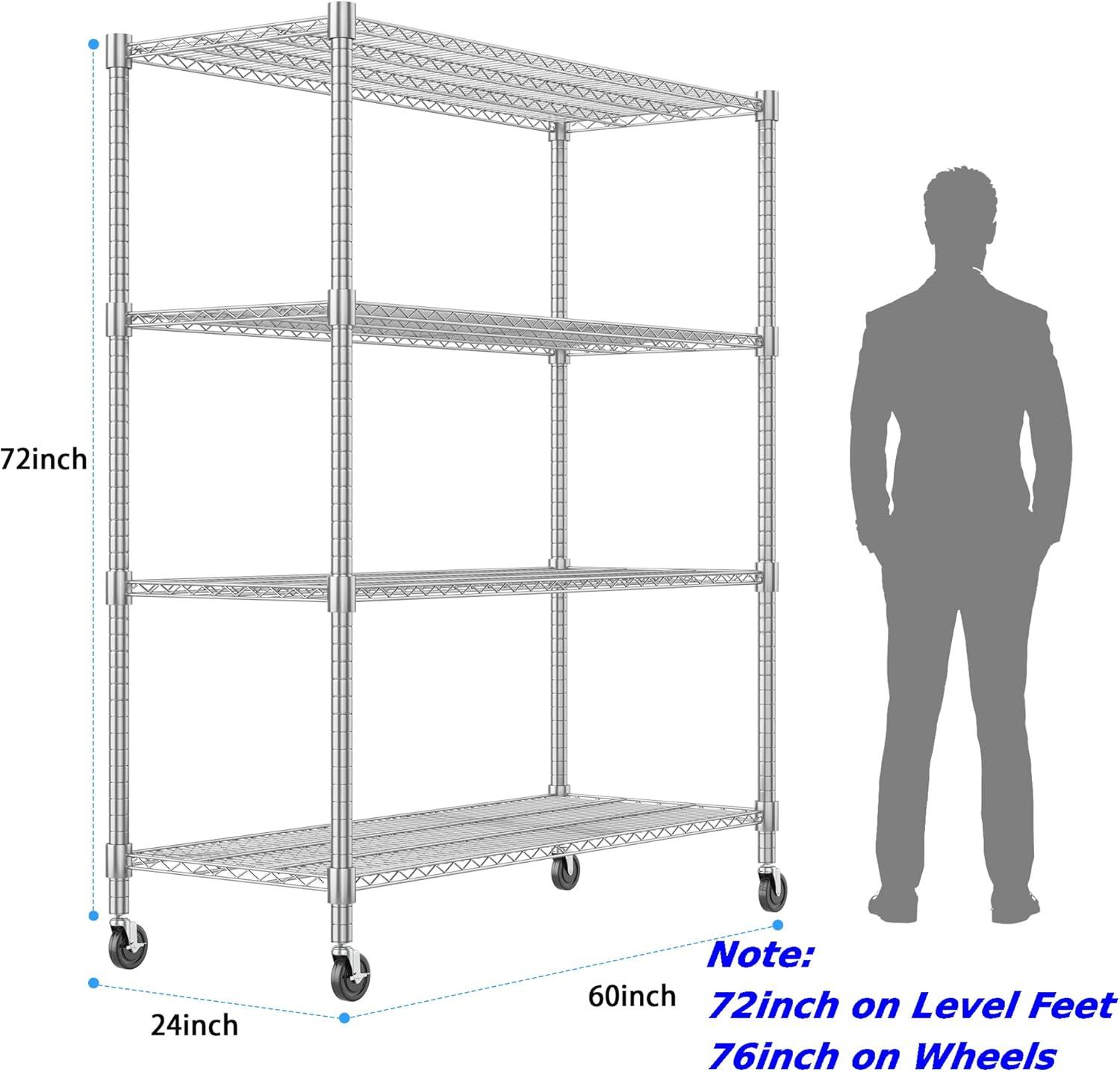 Homdox Heavy Duty Metal Shelves for Storage, 4 Tier Storage Racks and Shelving, Commercial Adjustable Wire Shelving Unit on Wheels, Garage Rack Pantry Shelves Kitchen Shelving, 24"x48"x72", Chrome