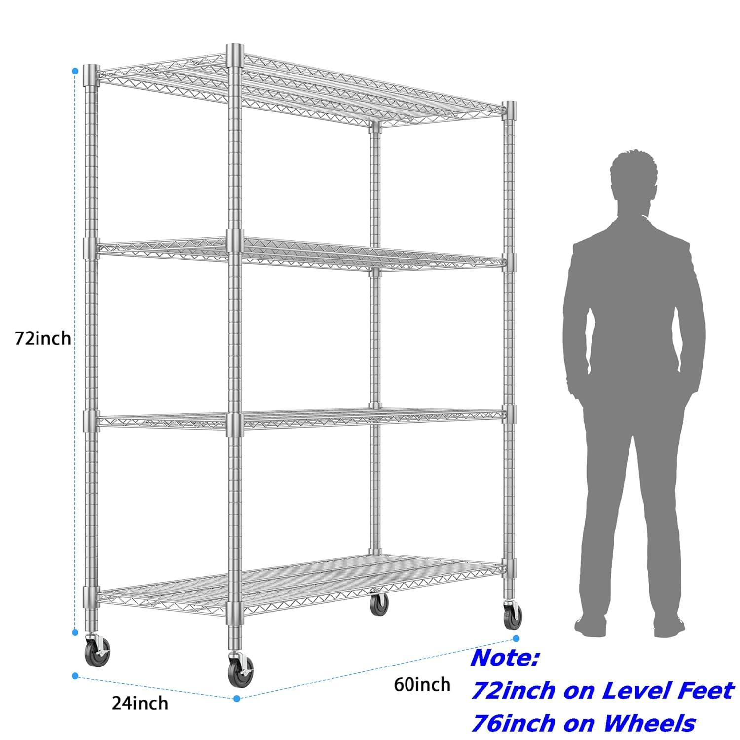 Homdox Heavy Duty Metal Shelves for Storage, 4 Tier Storage Racks and Shelving, Commercial Adjustable Wire Shelving Unit on Wheels, Garage Rack Pantry Shelves Kitchen Shelving, 24"x48"x72", Chrome