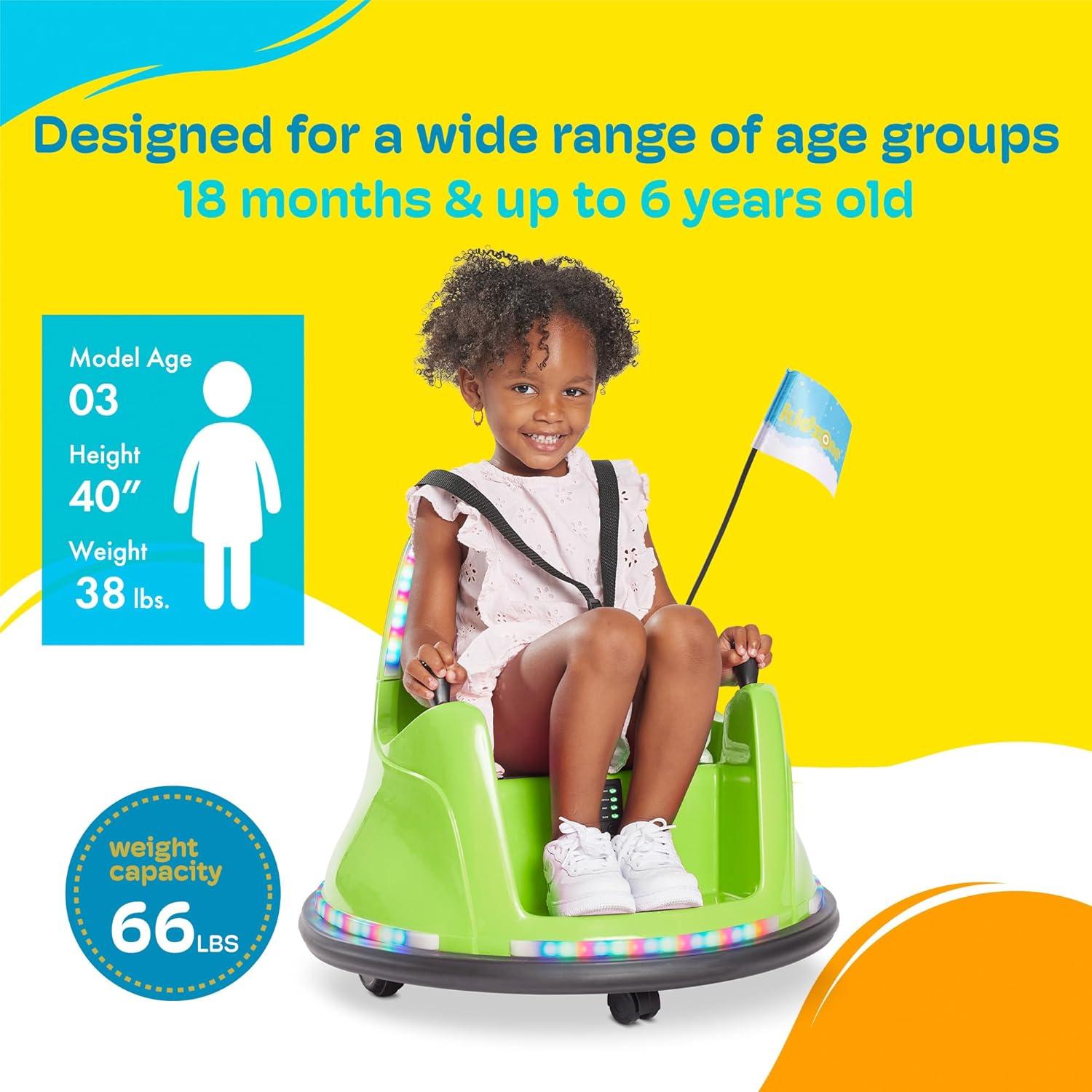 Kidzone WiFi Bumper Car for Toddler & Kids 1.5-6 Years Old, 2 Speeds 12V Electric Ride On Bumping Toy Gifts W/Remote Control, APP Control, LED Lights, Bluetooth, 360°Spin and DIY Sticker, Lemon Green