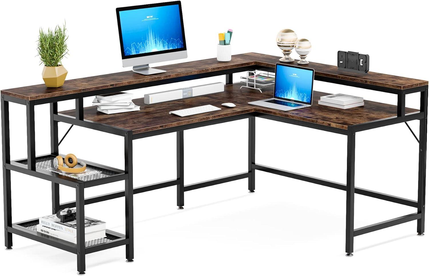 Extra Large Brown L-Shaped Computer Desk with Storage Shelves