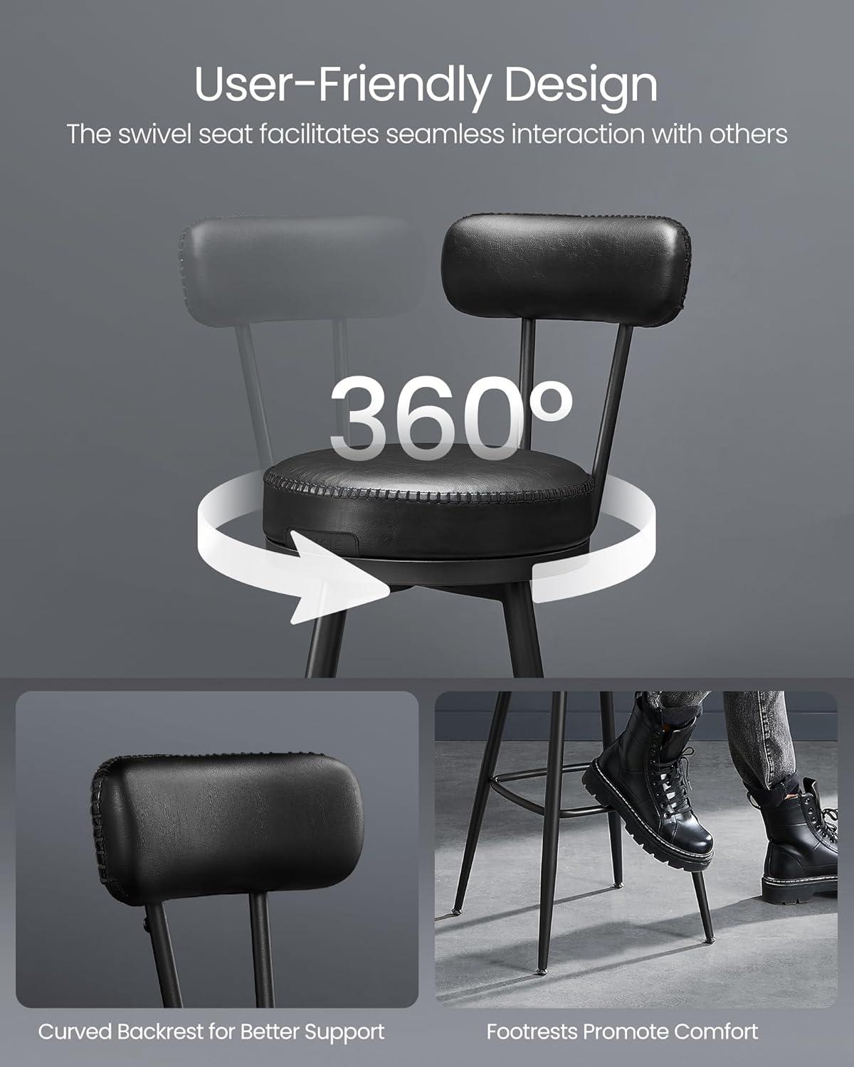 VASAGLE EKHO Collection - Bar Stools Set of 2, Swivel Bar Height Bar Stools with Back, Synthetic Leather with Stitching, Mid-Century Modern, 30-Inch Tall Barstools for Kitchen Home Bar, Ink Black