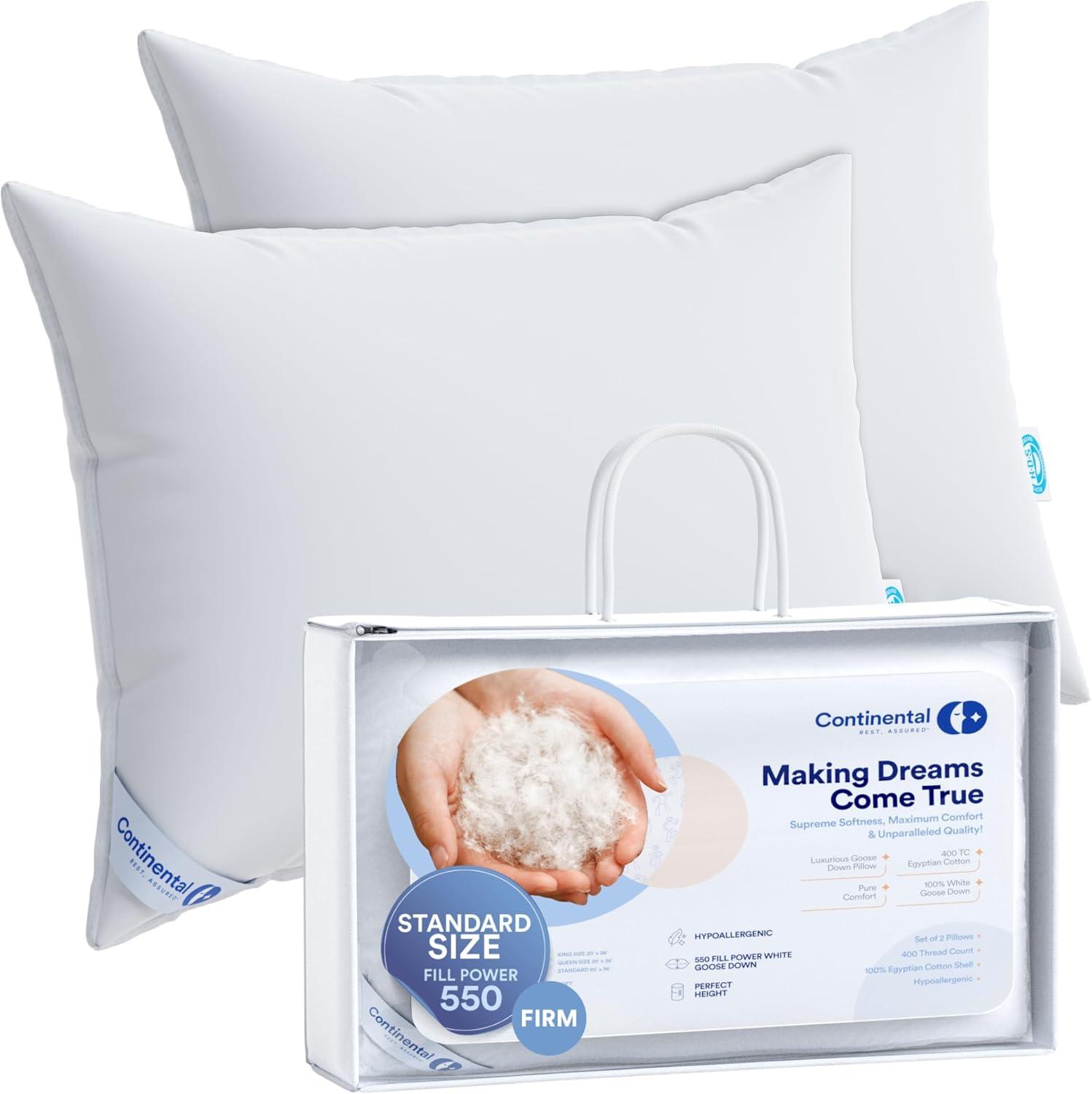 ContinentalBedding Continental Bedding Firm Down Pillows, 2-Pack, 550FP, 75% Down 25% Feather, 400TC Cotton Cover (Set of 2)