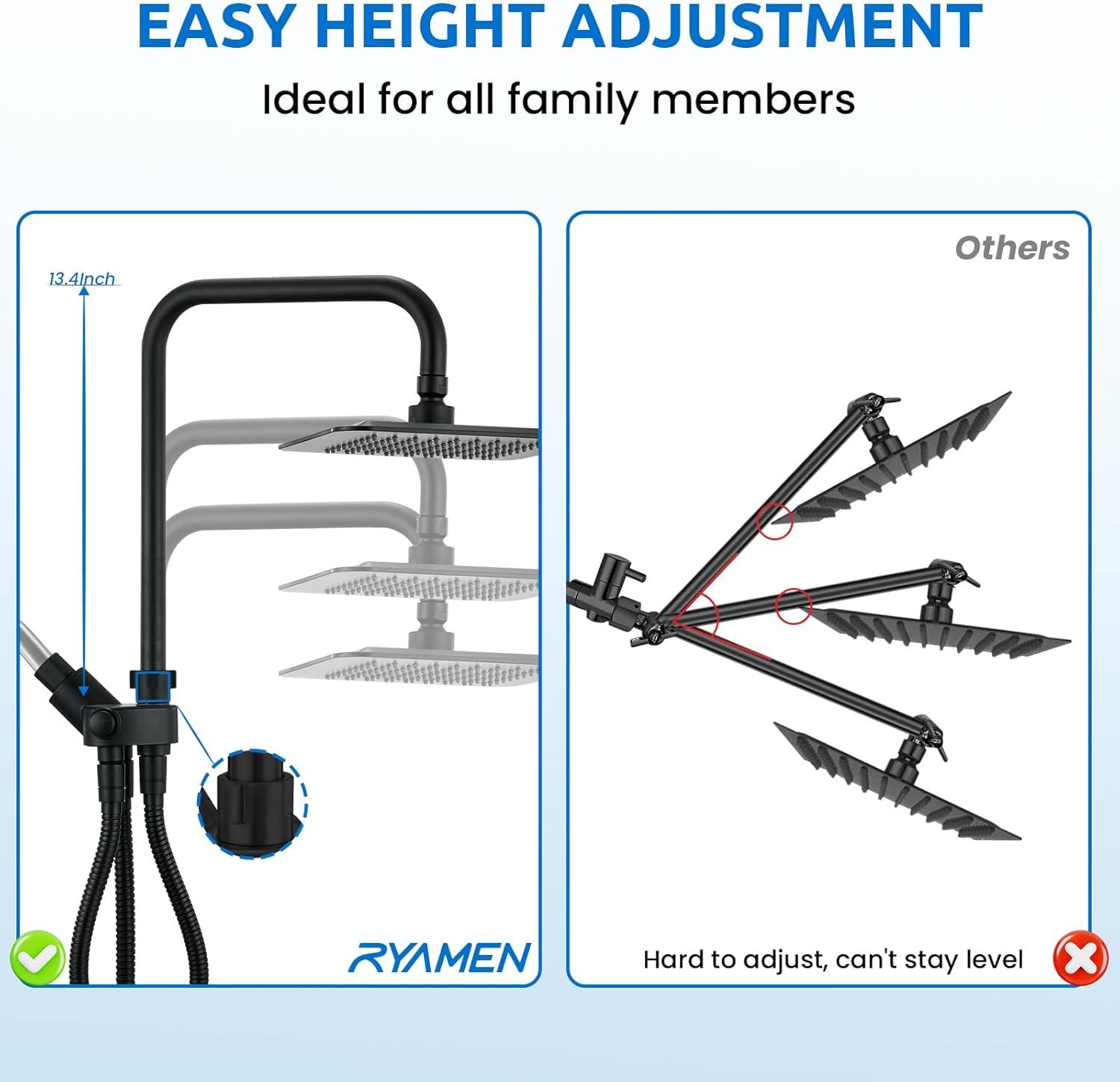 8" Dual Shower Head Combo, Rainfall Shower Head with Handheld, 6 Spray Settings Angle Adjustable Handheld Shower Head with Pause, Height Adjustable, Matte Black