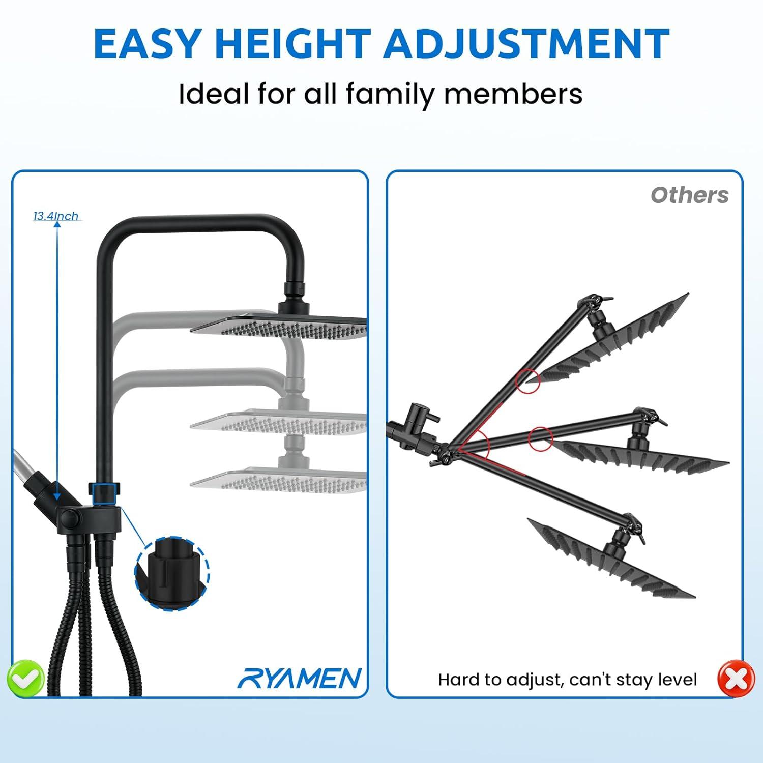 8" Dual Shower Head Combo, Rainfall Shower Head with Handheld, 6 Spray Settings Angle Adjustable Handheld Shower Head with Pause, Height Adjustable, Matte Black