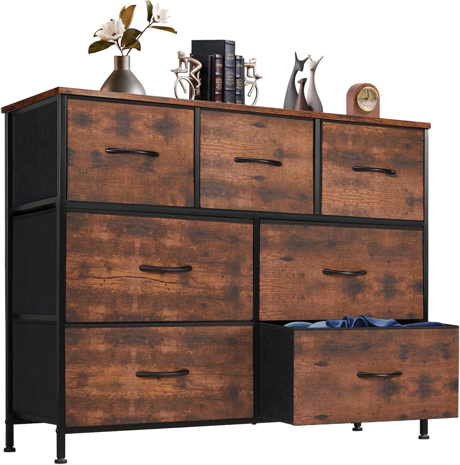 EDX 7 Drawer Dresser, Wide Chest Of Drawers Nightstand Storage Tower Storage Dresser Fabric Dresser for Living Room, Bedroom, Hallway, Rustic Brown