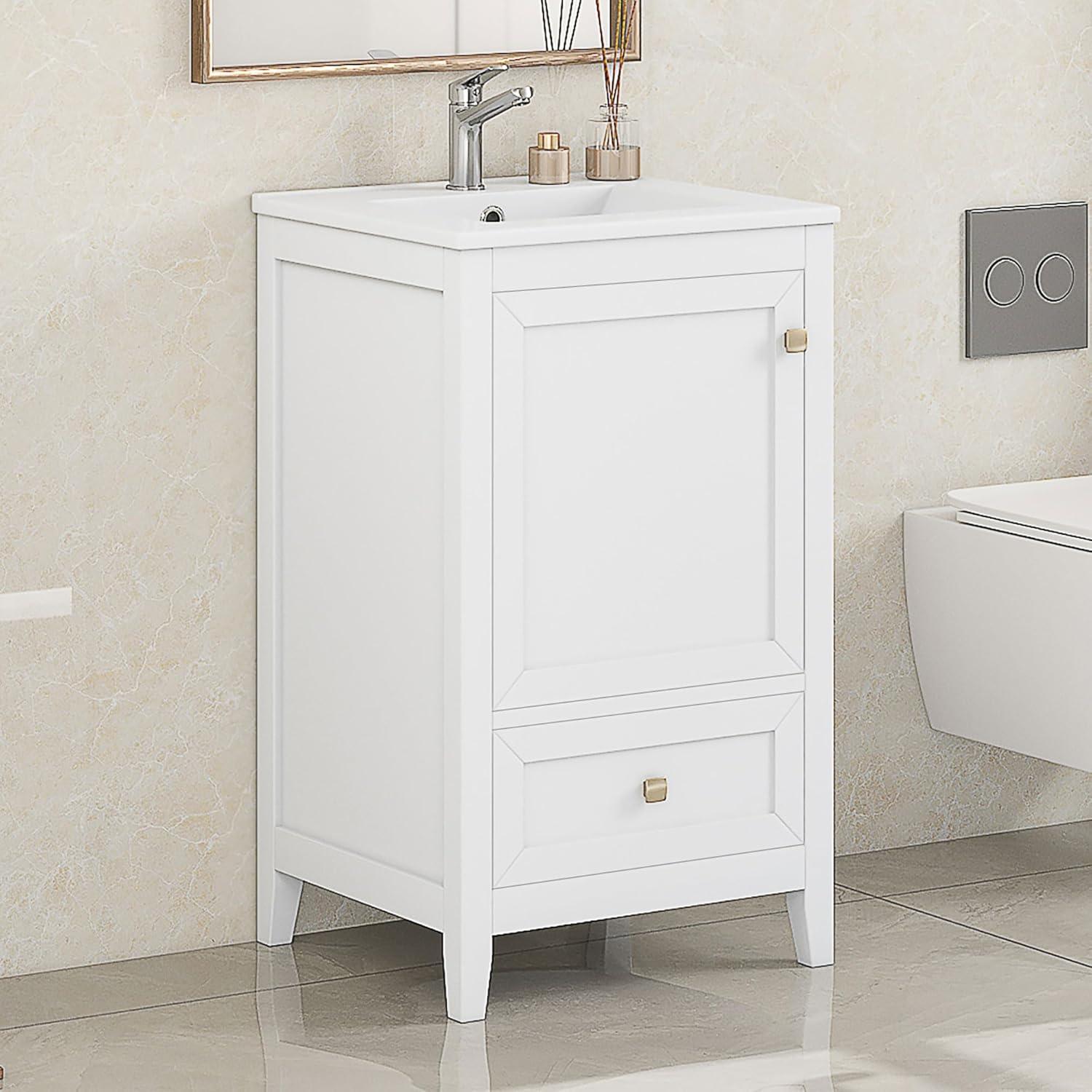 Harper & Bright Designs 20" Bathroom Vanity, Small Single Vanity with Drawer & Soft Closing Doors, Solid Wood Bathroom Cabinet with Storage Rack, Ceramic Sink, White