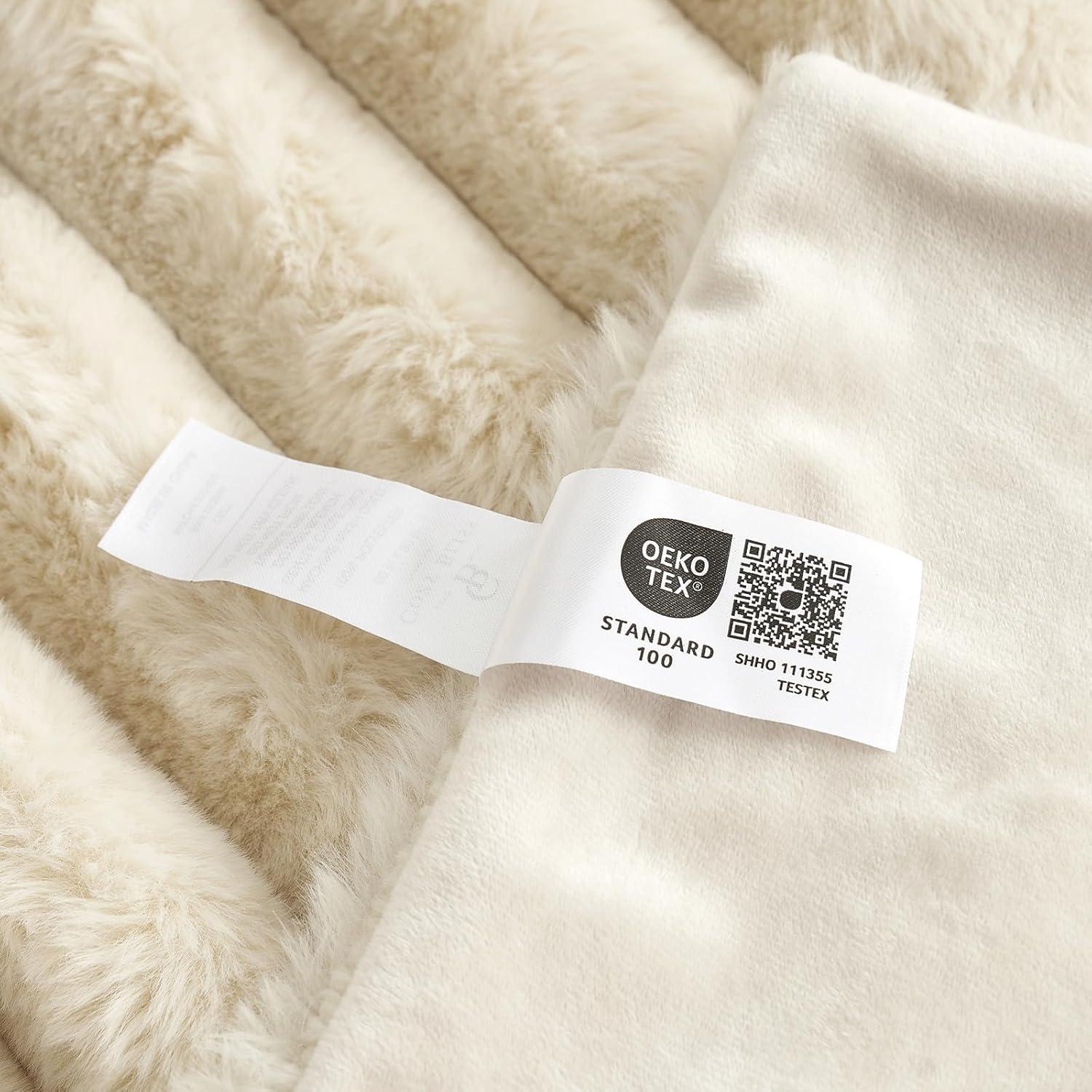 Beige Faux Fur Striped Throw Blanket for Couch 60x80