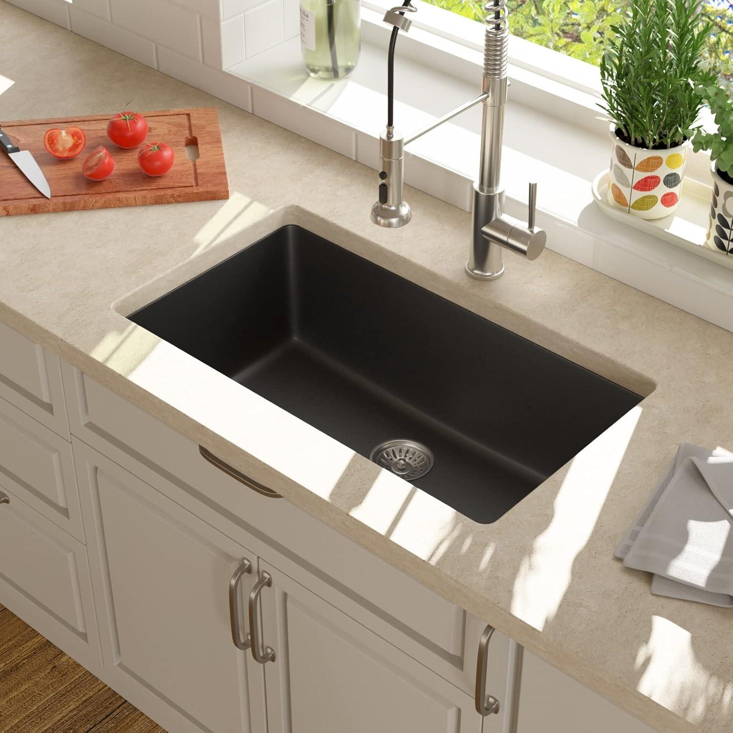 Davivy 33 Inch Black Granite Composite Kitchen Sink Workstation, 33 X 22 Quartz Composite Dual Mount Sink, Matte Black Composite Single Bowl Sink