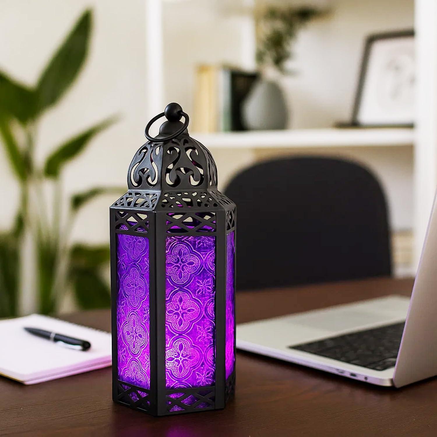 VELA LANTERNS 10.5" Moroccan Lamp Lantern Decorative Candle Holder for Indoor Outdoor Home Decor, Patio, Weddings, Ramadan Decorations, Black Metal, Purple Glass, Medium, Set of 3