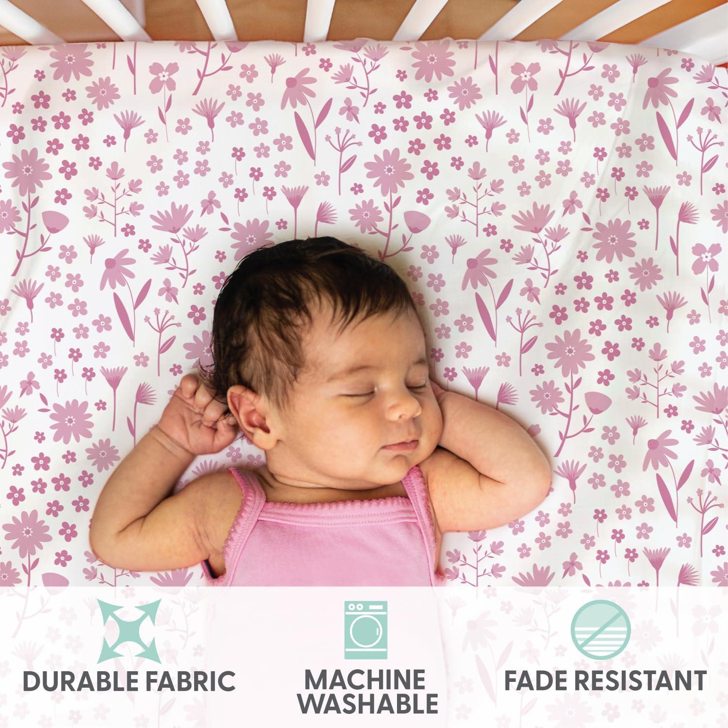 The Peanutshell Fitted Crib Sheet Set for Baby Girls, Daisy, 4 Pack | Pink, Mauve
