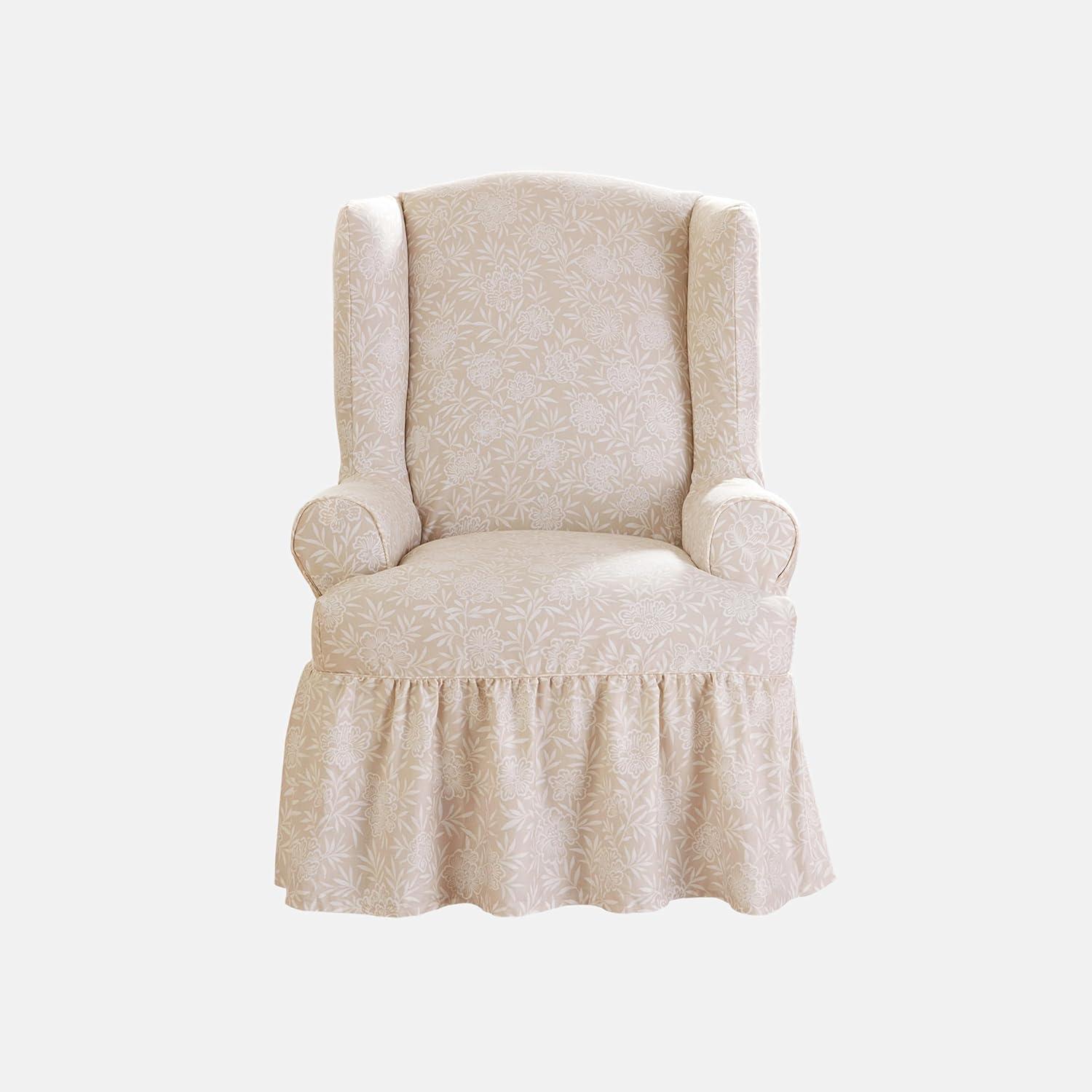 SureFit  Essential Twill 1 Piece Wing Chair Slipcover Neutral Floral