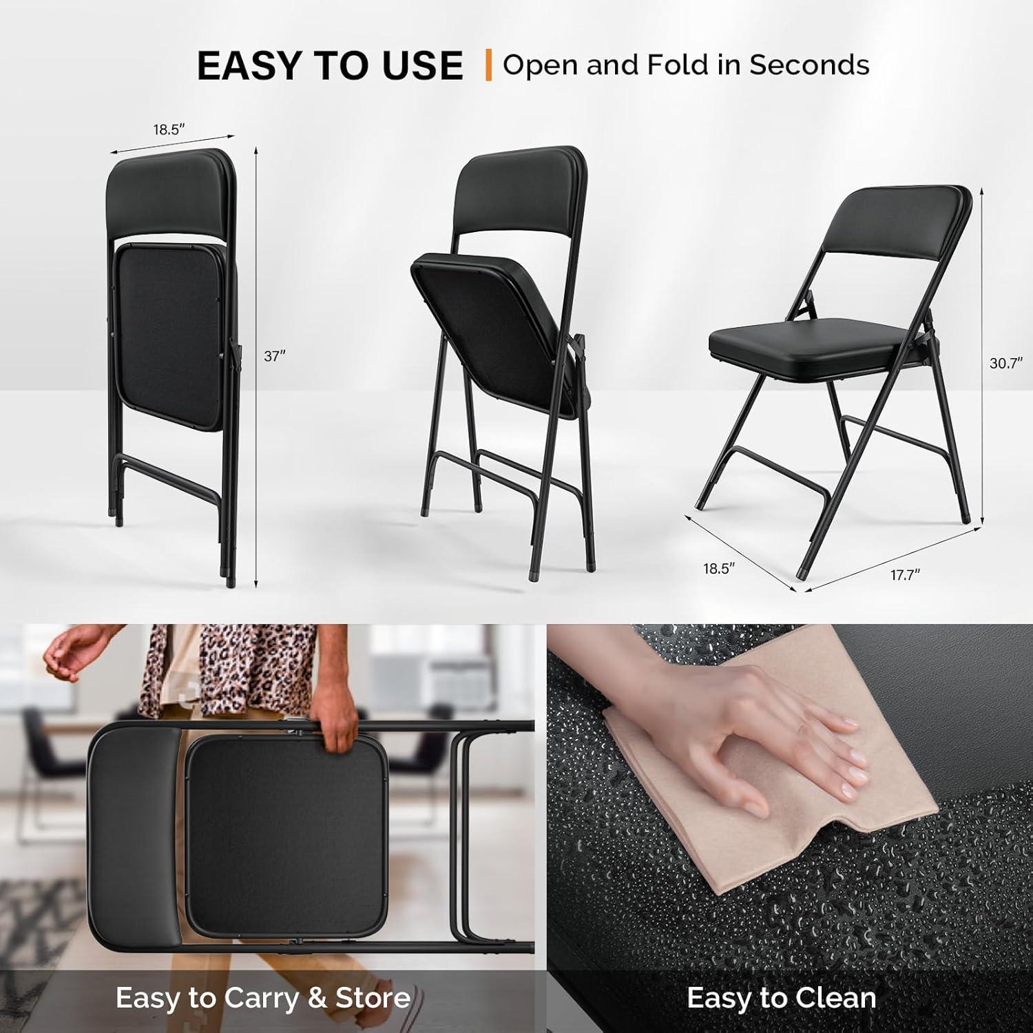 Inbox Zero 4Pcs Fully Assembled Thick-Padded Black PU Folding Chairs, 17.7"X19.7"X30.7"