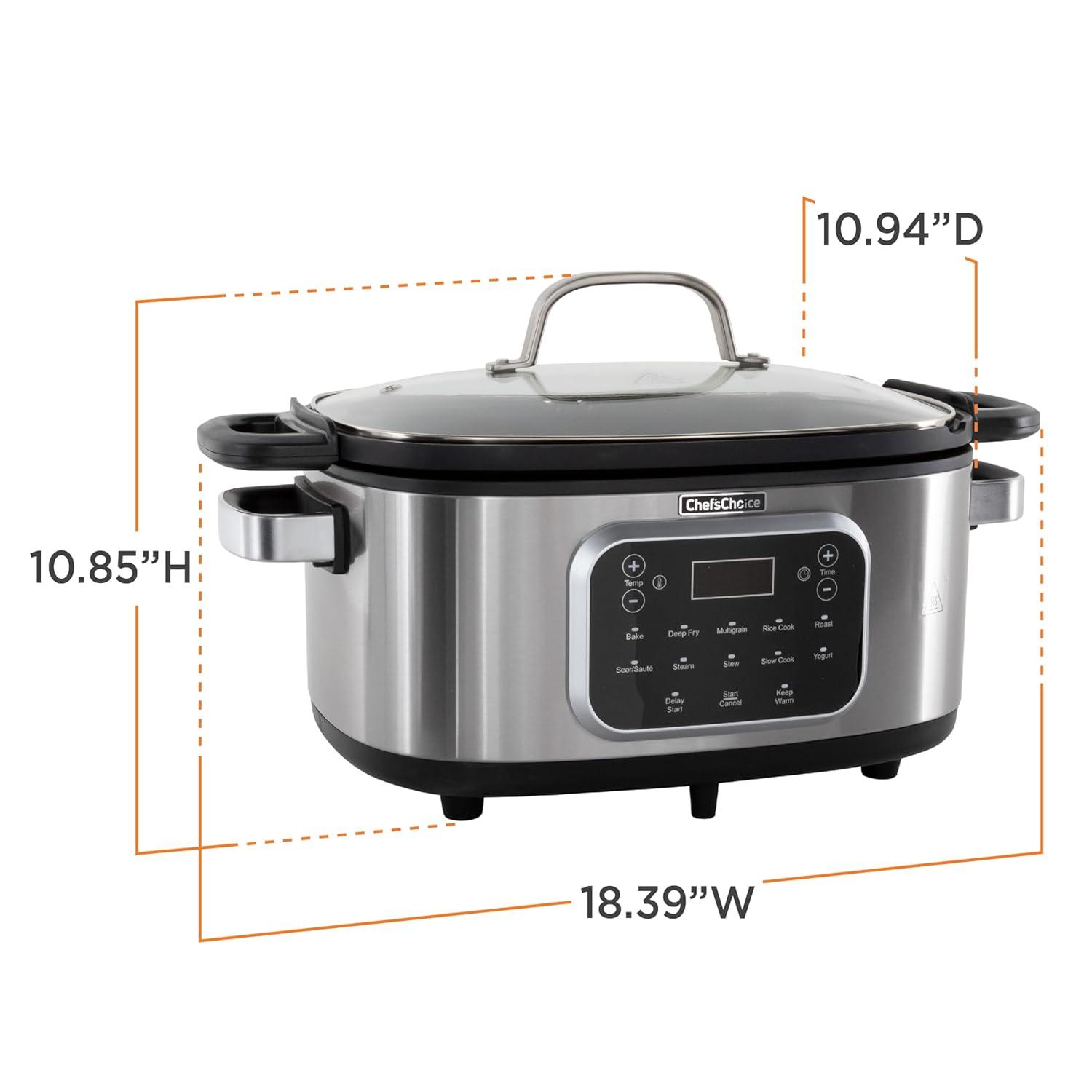 Chef'sChoice Multicooker, Large 6-Quart Capacity Multipurpose Non-Stick Vessel and Variable Temperature Control with Keep Warm and 12 Cooking Presets, 1300-Watts, Stainless Steel