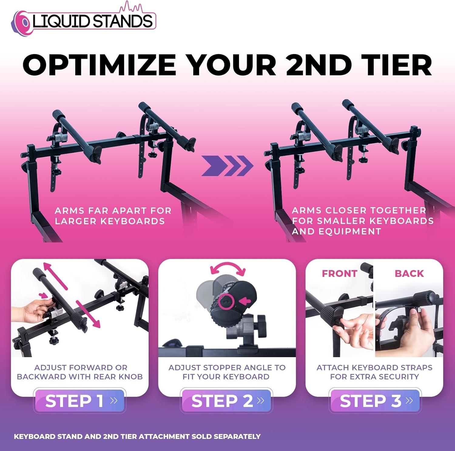 Liquid Stands 2nd Tier Keyboard Stand Attachment with Straps - Arms Only - Double Stand Extender for Square Tube Z Style Stands