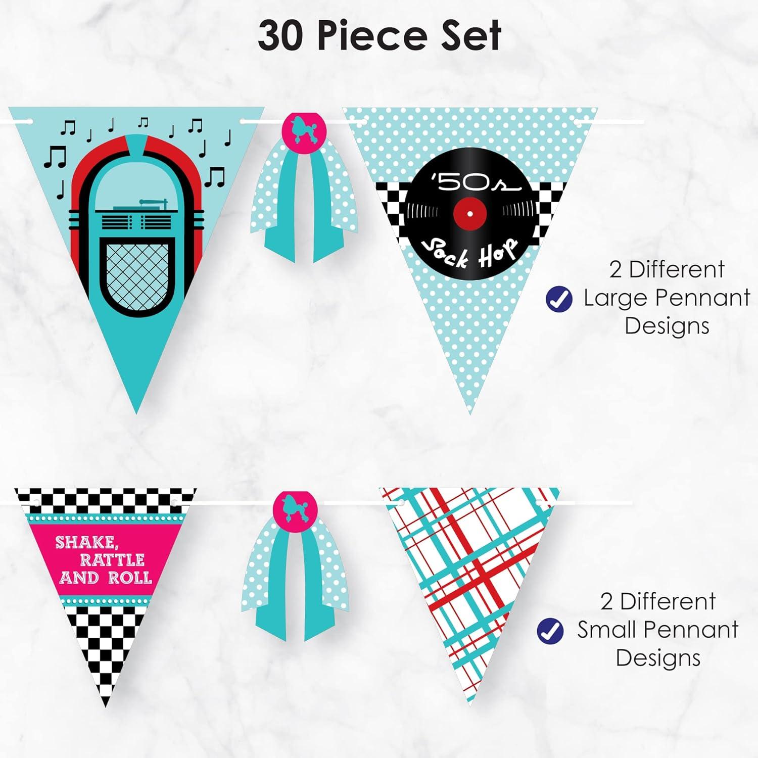 Big Dot of Happiness 50's Sock Hop - DIY 1950s Rock N Roll Party Pennant Garland Decoration - Triangle Banner - 30 Pieces