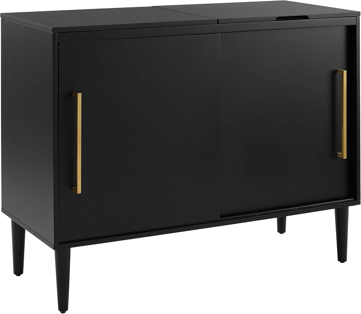 Everett Media Console Matte Black - Crosley: Hinged Lid, Hardwood, Wire Dividers