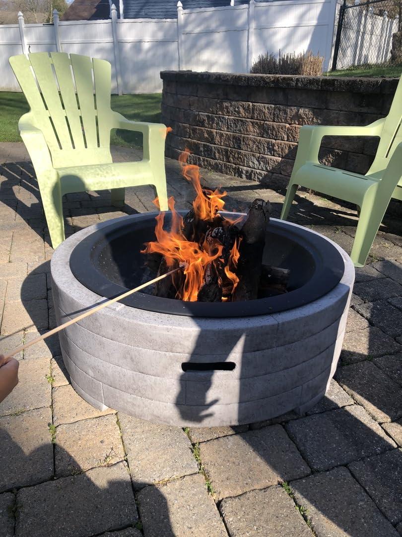 Sunnydaze Outdoor Large Round Faux Stone Fire Pit with Handles, Log Poker, and Spark Screen - 35" - Gray