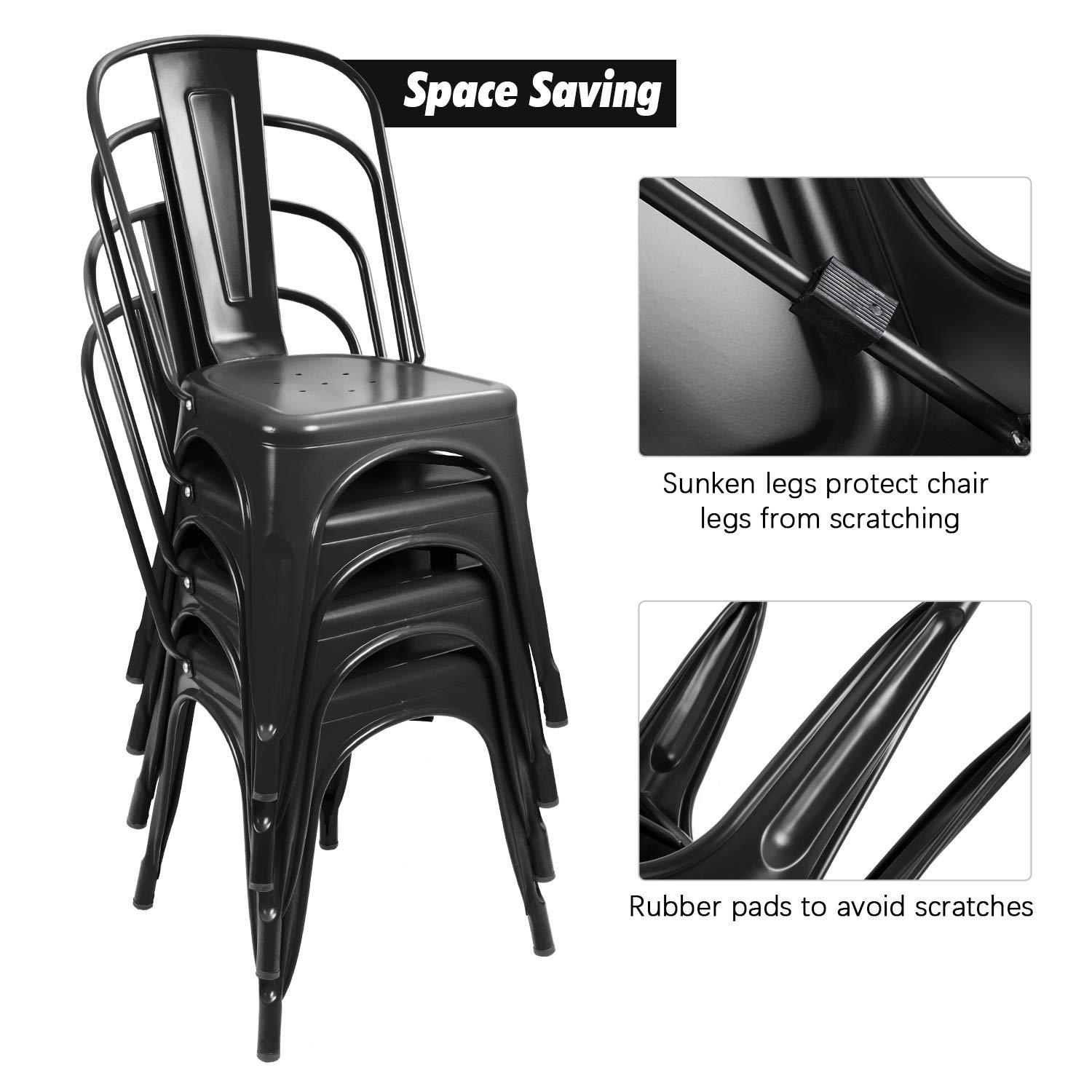 Flamaker Metal Dining Chairs Indoor-Outdoor Use Stackable Side Chairs with Back Industrial Kitchen Classic Trattoria Chair Set of 4 (Black)