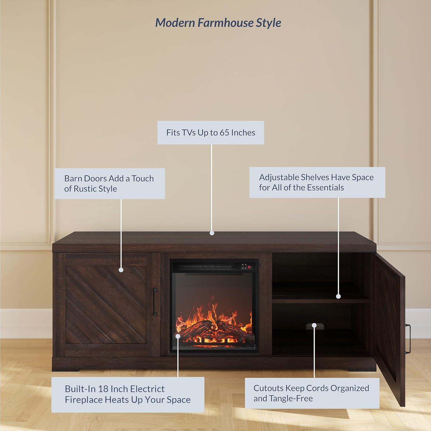 BELLEZE 58" Farmhouse TV Stand Media Entertainment Center For TVs up to 65" with 18" Fireplace - Hilo (Espresso)