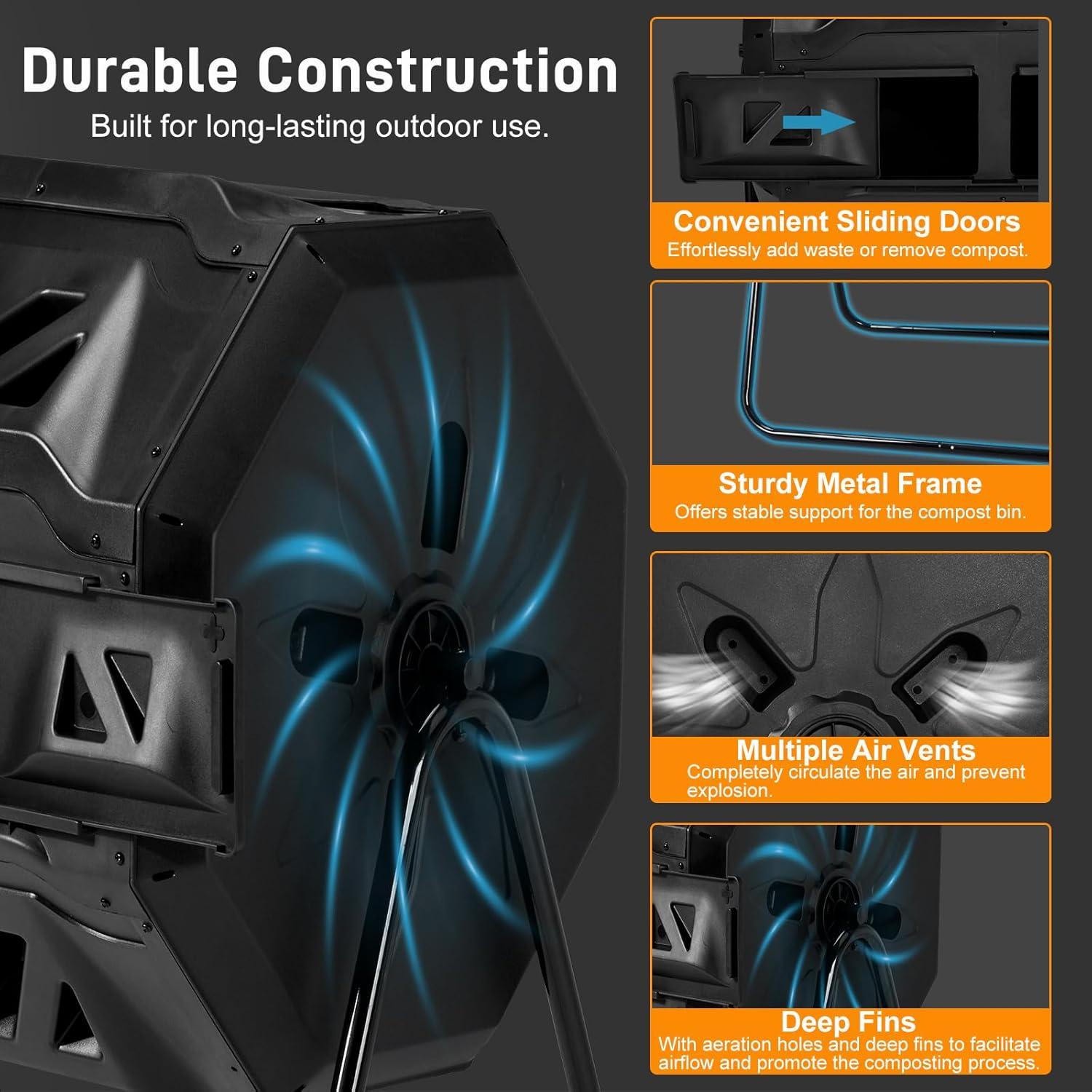 Pure Garden Compost Tumbler - 43Gal Compost Bin with Dual Chambers, 360-Degree Rotating Design, and Garden Gloves Included - Homesteading Supplies