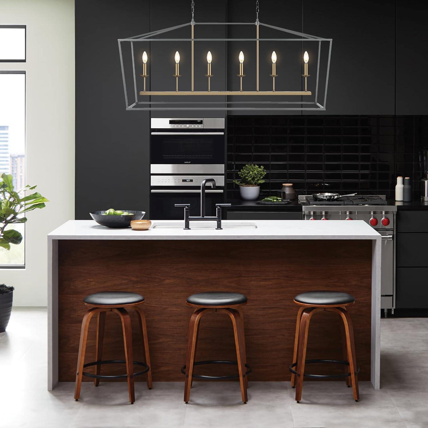 Pagoda 49" Linear 6-Bulb Classic Traditional Metal LED Pendant, Gray/Brass Gold