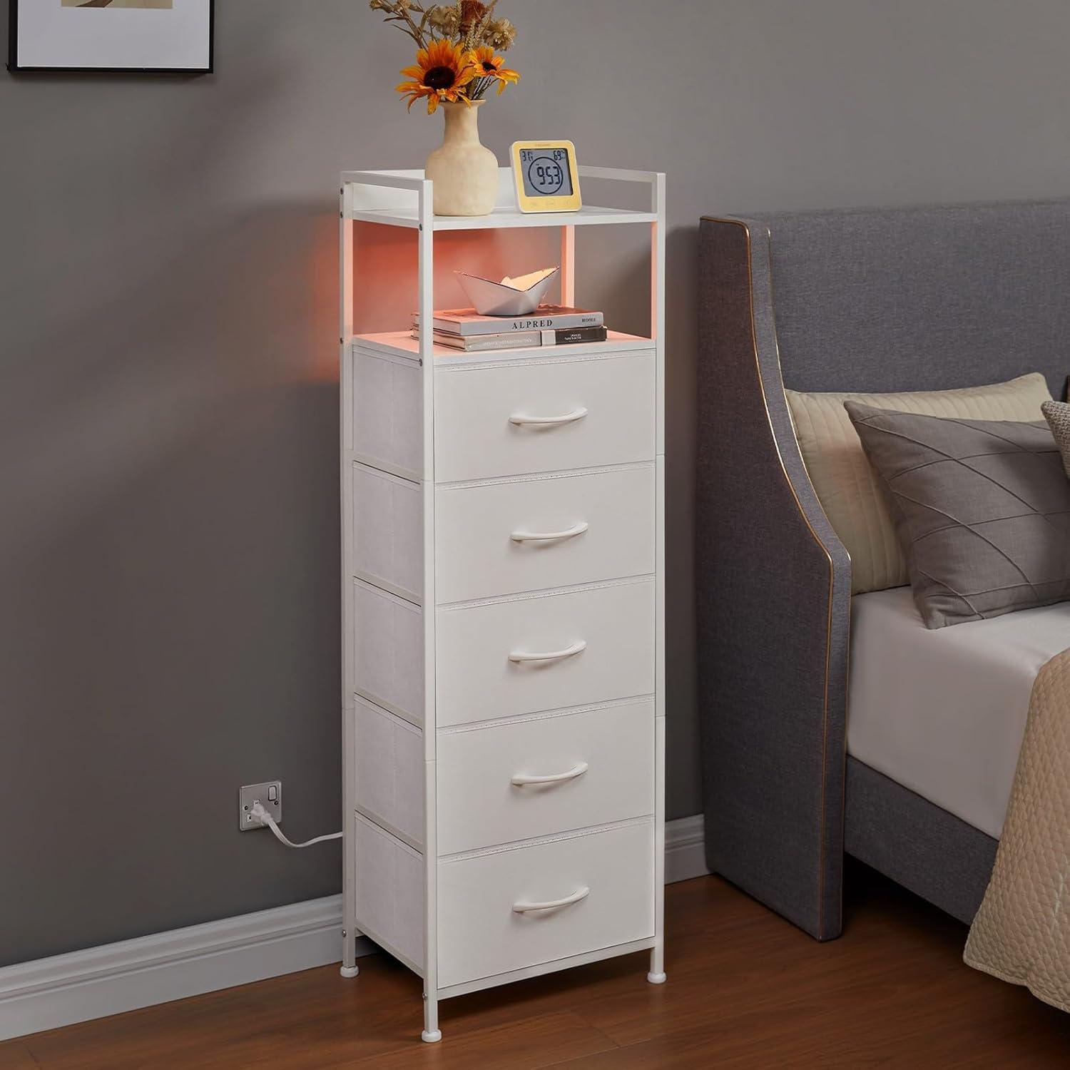 Somdot Fabric Dresser 5 Drawer Vertical with LED, Charging Station and Handle, White Leather