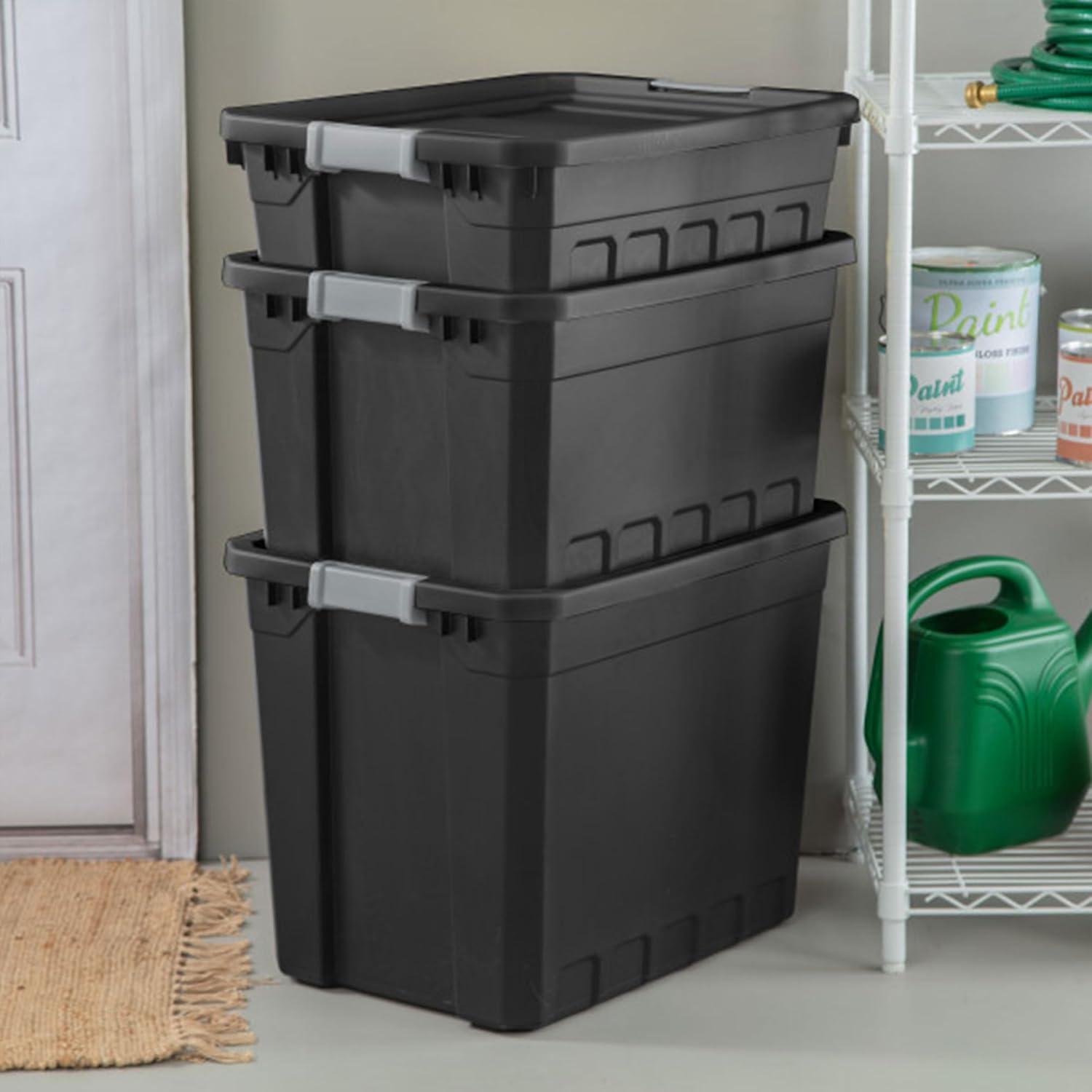 Sterilite 19 Gallon Plastic Stacker Tote, Heavy Duty Lidded Storage Bin Container for Stackable Garage and Basement Organization, Black, 12-Pack