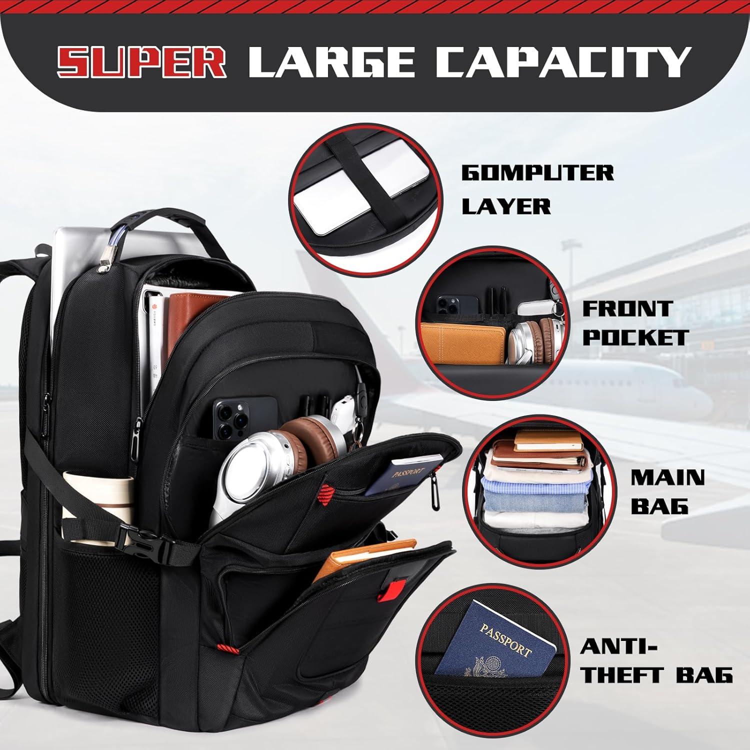 50L Travel Backpack, 17 inch Laptop Backpack for Men, Extra Large Sturdy TSA Friendly with USB Port College School Rucksack Bag Gifts for Him Men Women, Black