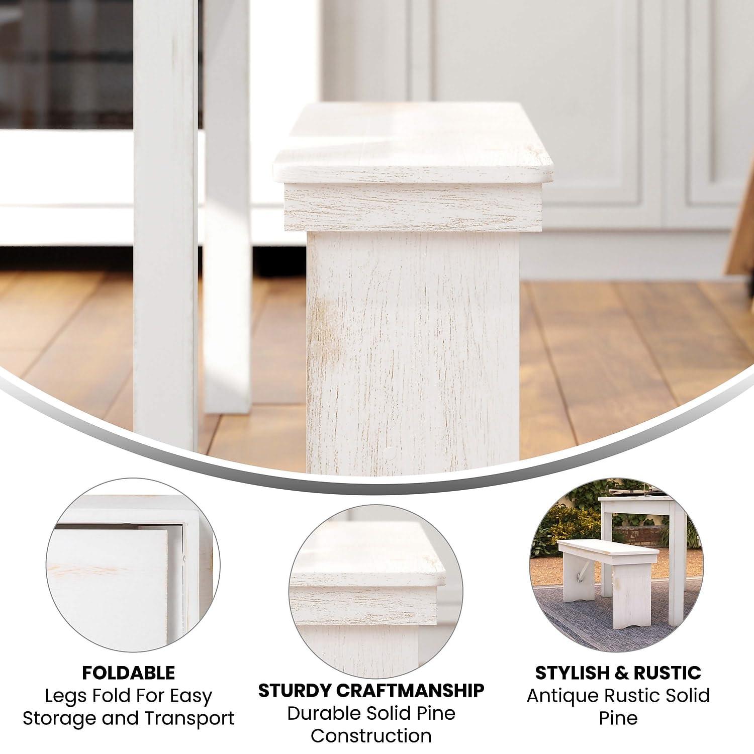 Flash Furniture HERCULES Series 40" x 12" Antique Rustic White Solid Pine Folding Farm Bench