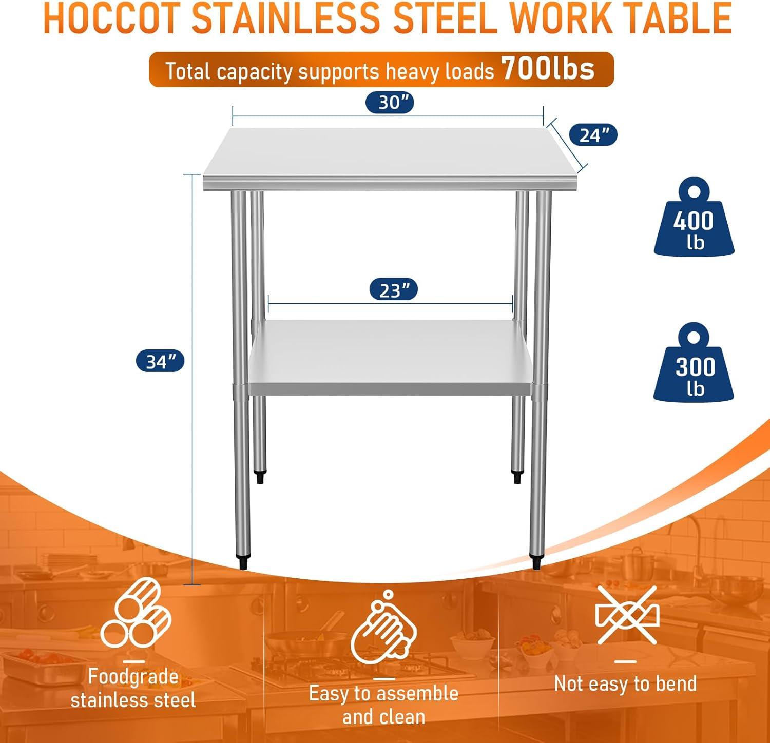 ROVSUN 30'' x 24'' Stainless Steel Table for Prep & Work, Metal Table with Undershelf for Kitchen Restaurant, Home