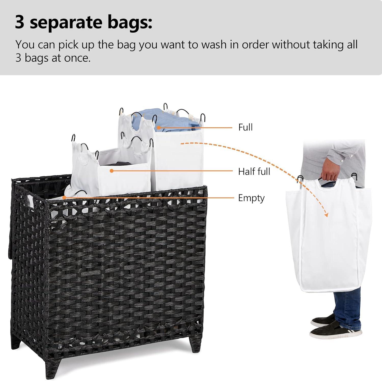 Black Wicker Laundry Hamper with Removable Liner Bags