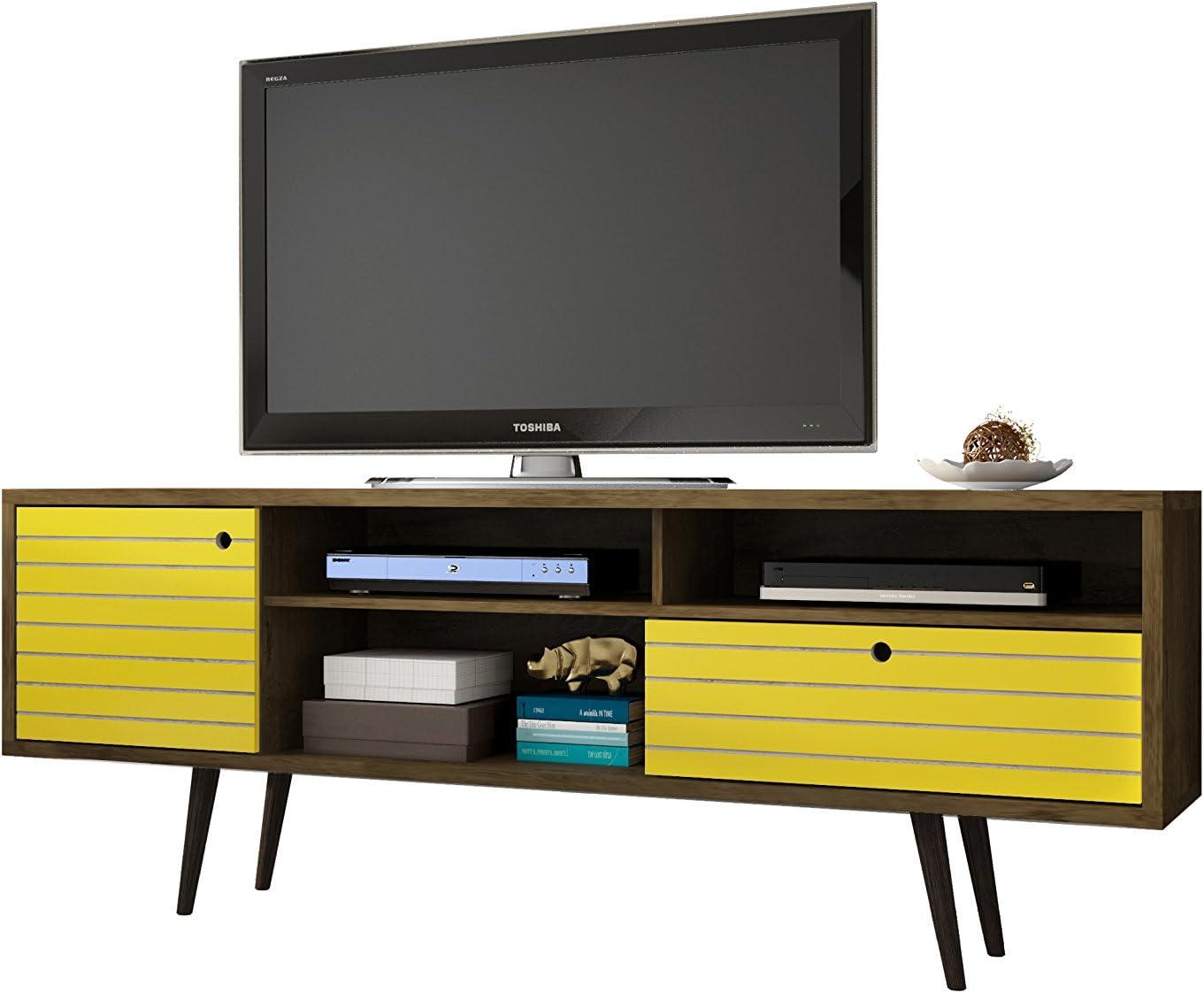 71" Rustic Brown and Yellow Mid-Century Modern TV Stand