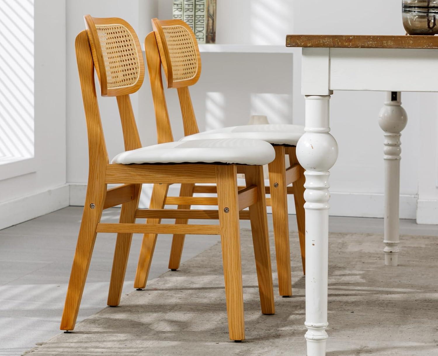 Upholstered Faux Leather Seat Rattan Back Dining Chair, Solid Wood Frame Side Chair For Living Room