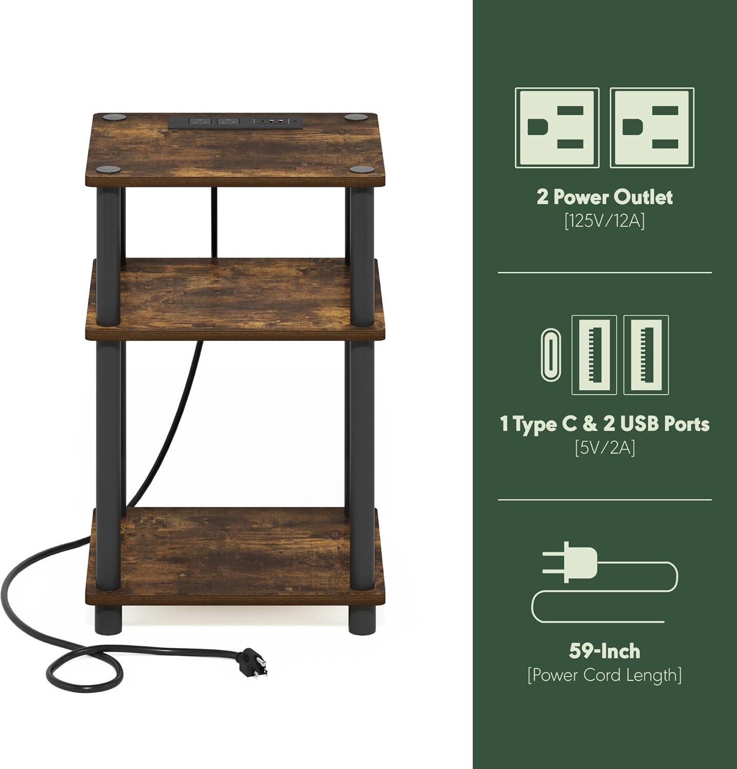 Furinno Just 3-Tier Turn-N-Tube USB and Type-C Charging Port End Table with Open Storage, Amber Pine/Black