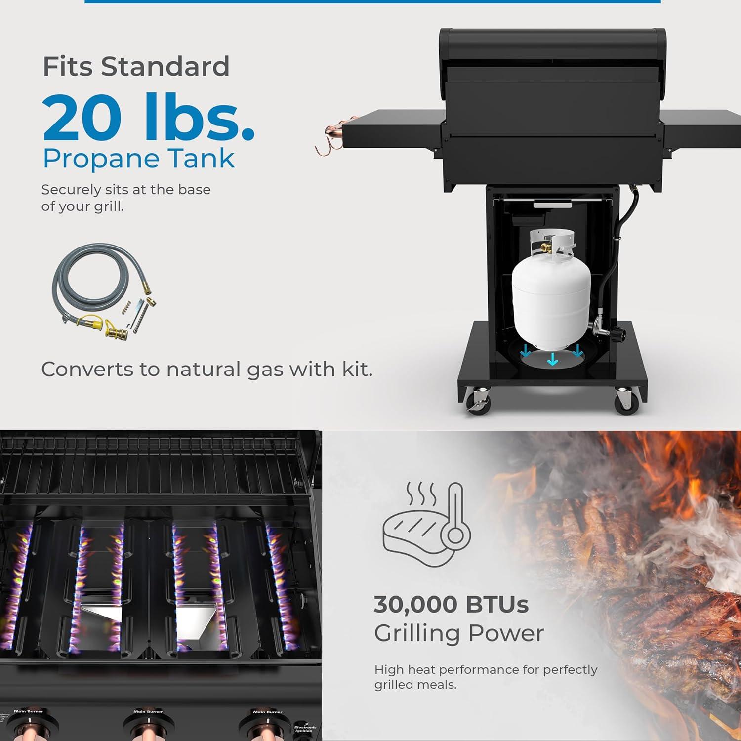 Kenmore 3-Burner Propane Gas Grill with Foldable Side Tables for Outdoor BBQ