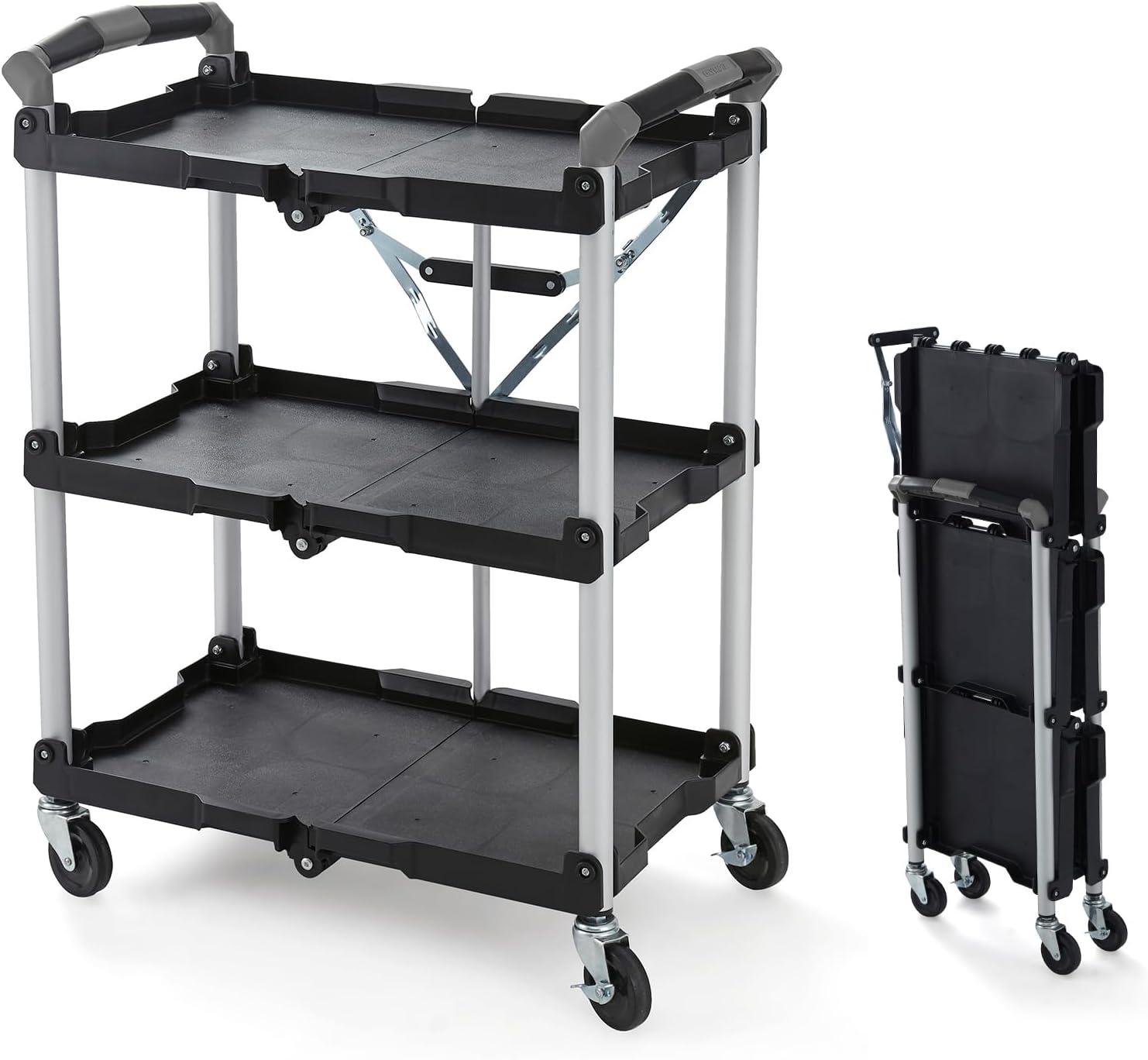 Black Aluminum Collapsible 3-Shelf Service Cart with Swivel Wheels