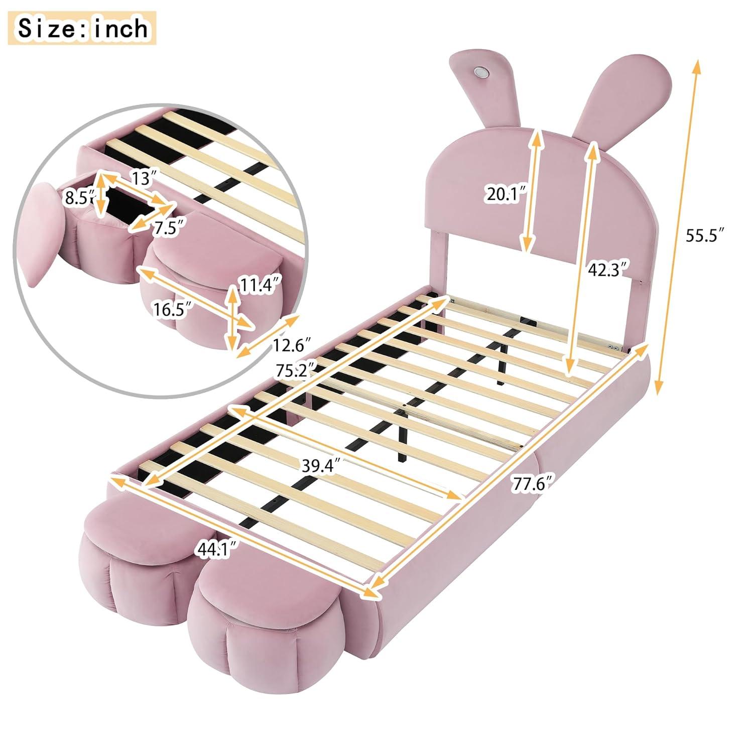 Sesslife Twin Bed Frame for teens, Upholstered Bed Frame with 2 Storage Stools and LED Light, Cute Bed Frame with Rabbit-Ears Shaped Headboard, Cartoon Twin Bed Frame, No Box Spring Needed, Beige