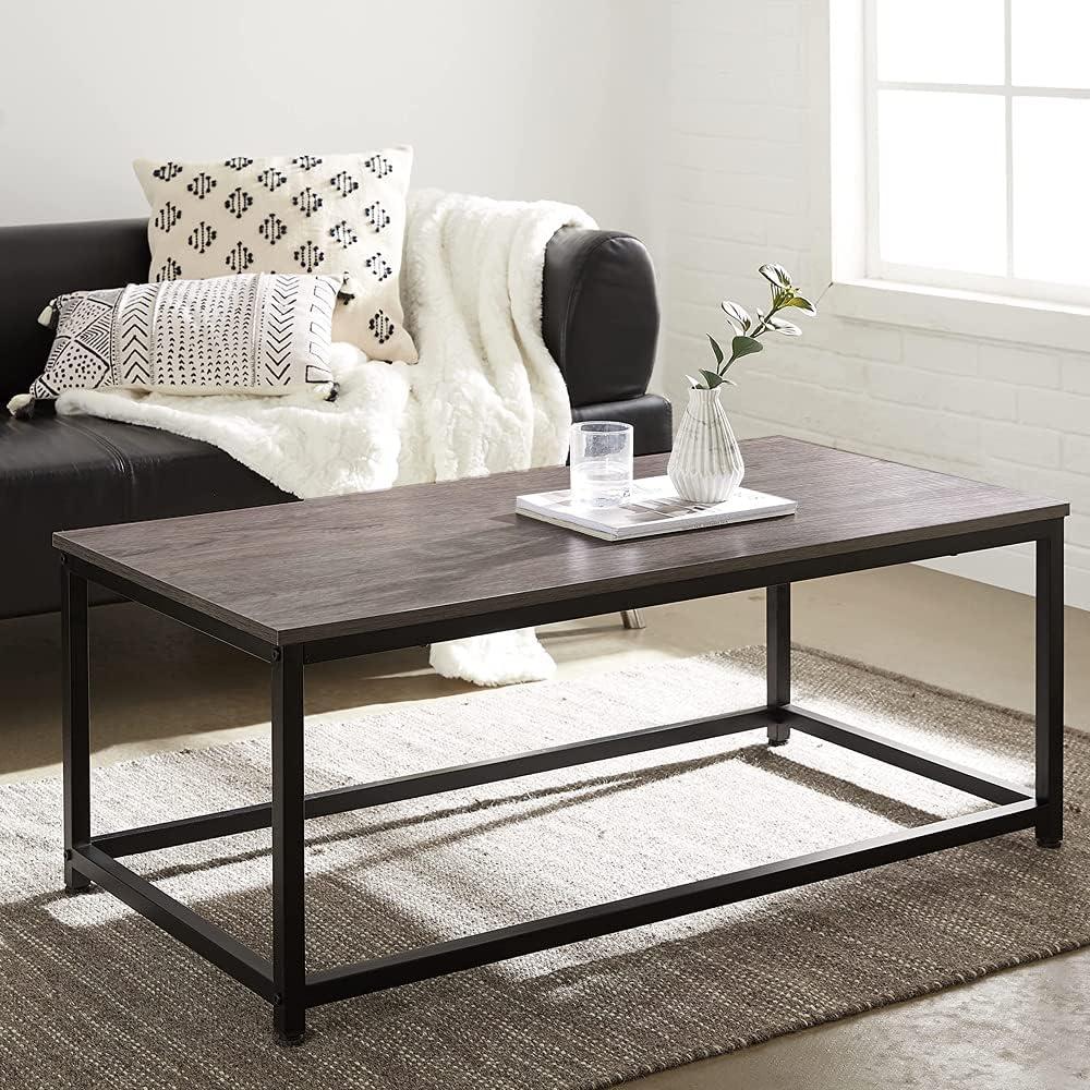 Dark Brown and Black Industrial Coffee Table with Metal Frame