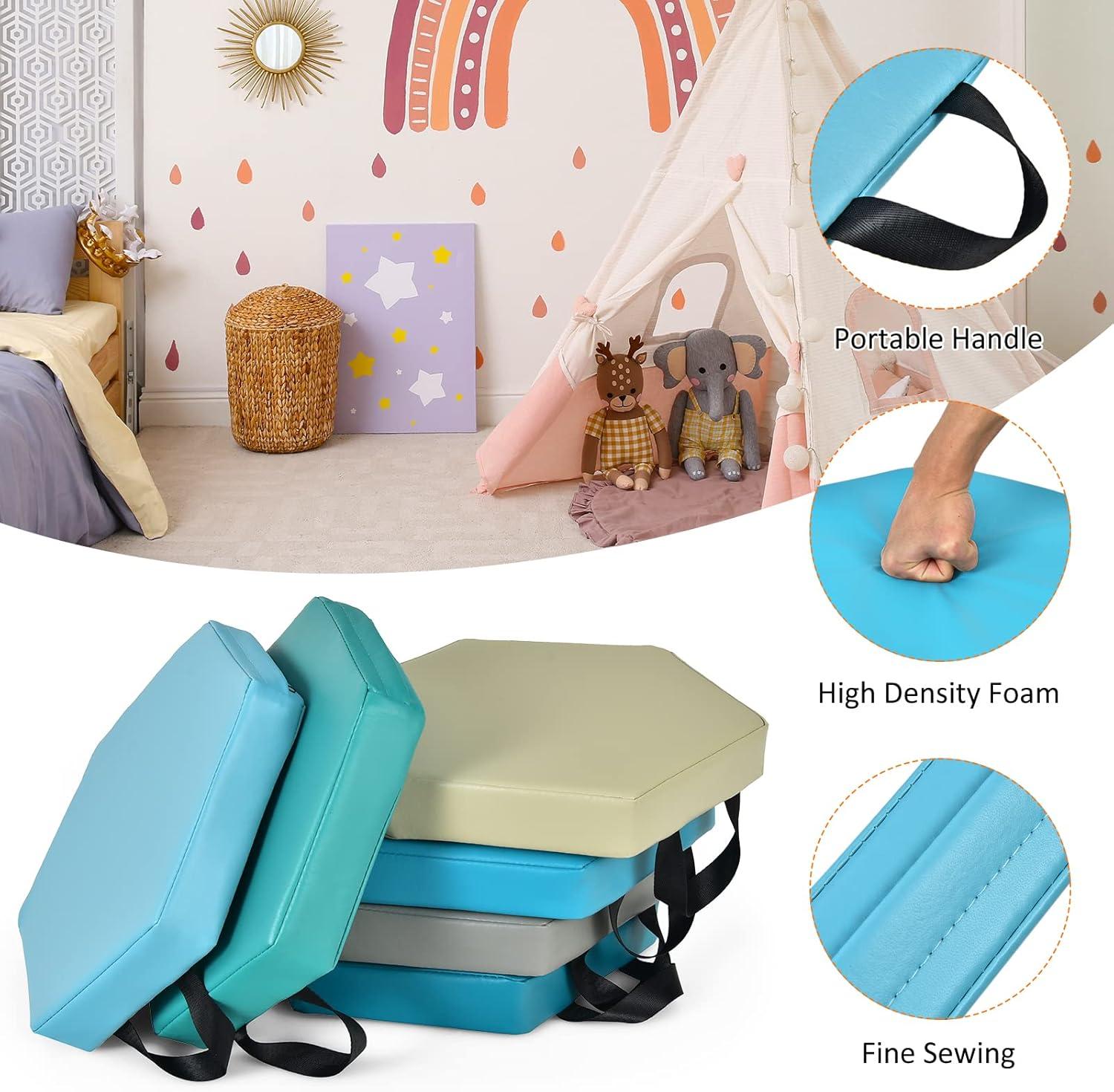 KOTEK 6 Pcs 15'' Kids Floor Cushions with Handles, 3'' Thick Foam Circle Floor Seats, Soft Flexible Seating for Classroom Elementary, School, Daycare, Kindergarten, Preschool, Playroom(Square, Red)