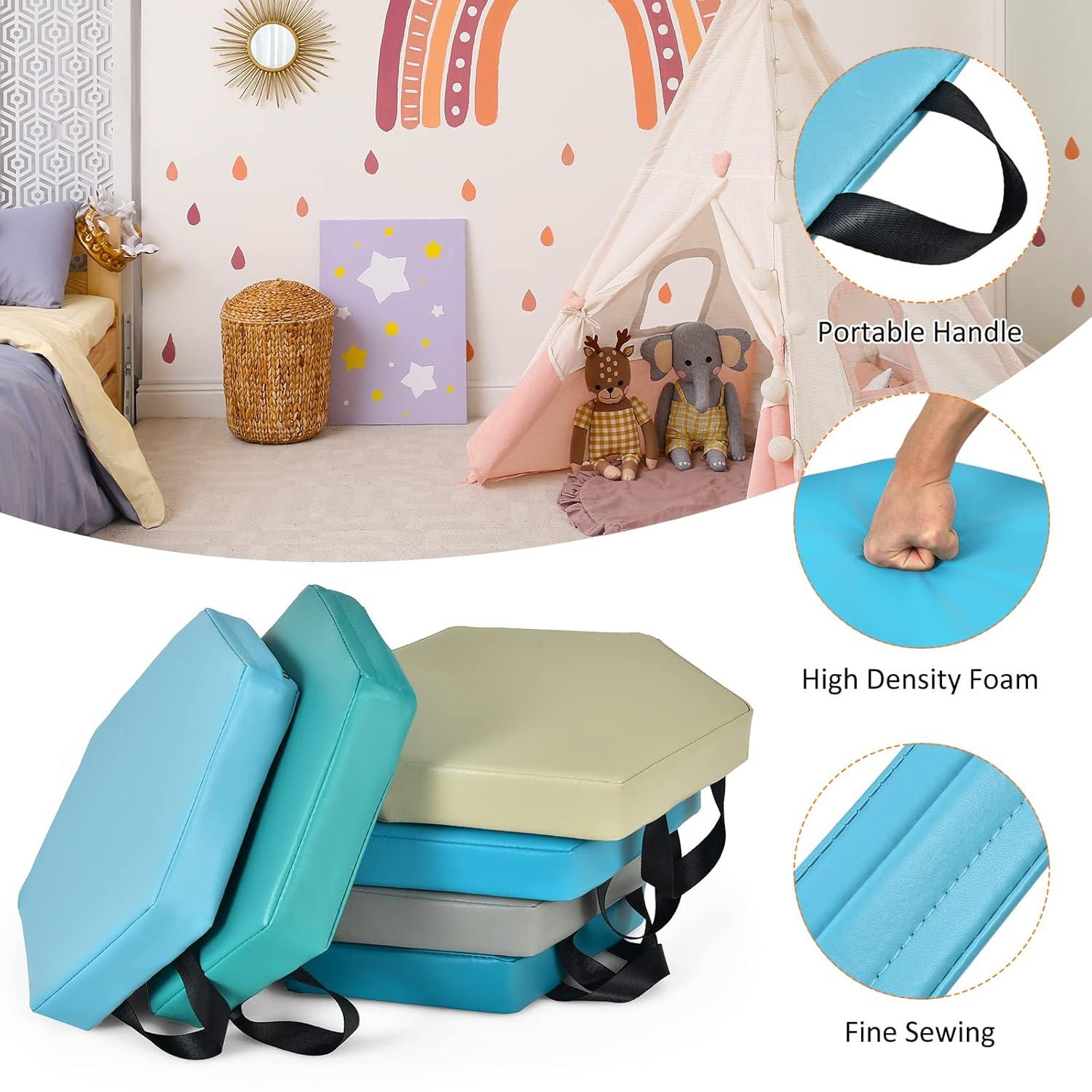 KOTEK 6 Pcs 15'' Kids Floor Cushions with Handles, 3'' Thick Foam Circle Floor Seats, Soft Flexible Seating for Classroom Elementary, School, Daycare, Kindergarten, Preschool, Playroom(Square, Red)