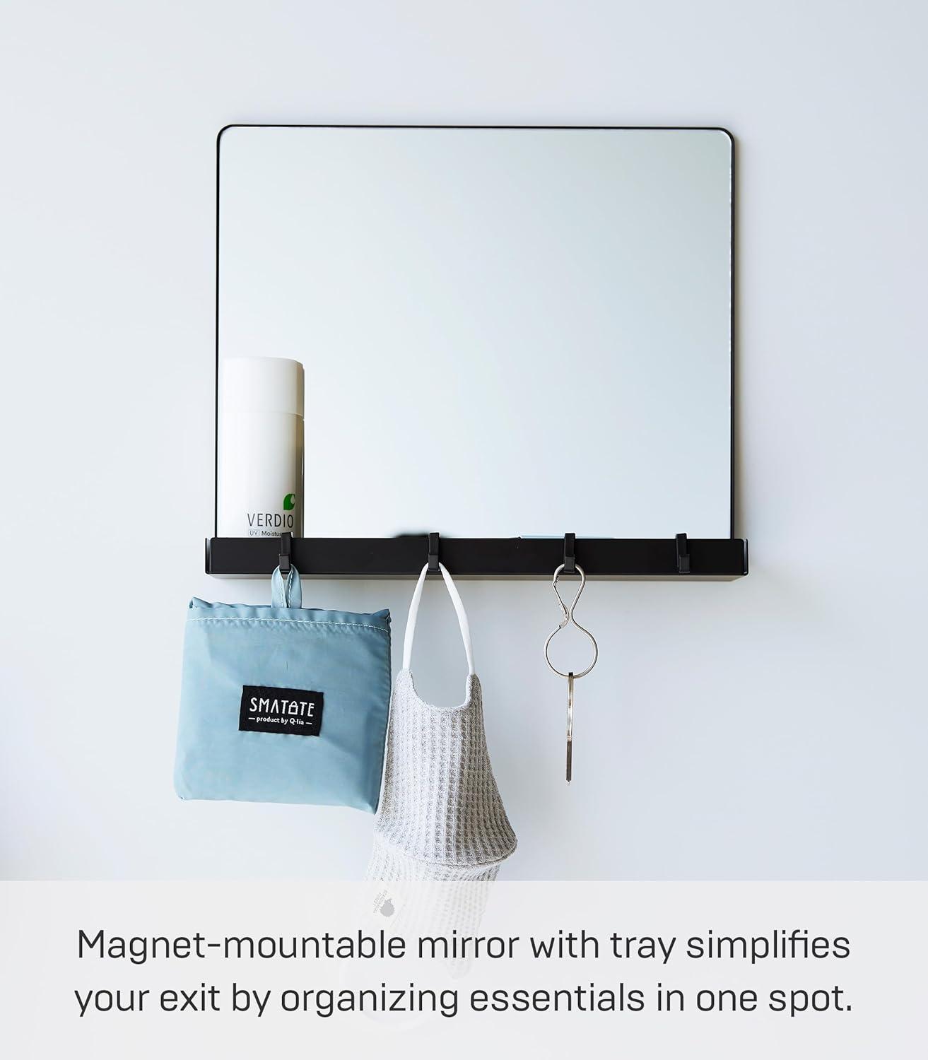 Black Magnetic Mirror with Storage Rack and Hooks