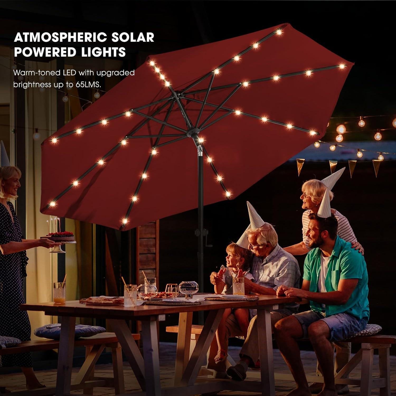 JEAREY Upgrade 9FT LED Lighted Patio Umbrella, Solar Outdoor Umbrella, Tilt Table Umbrella for Pool, Deck & Yard (Red)