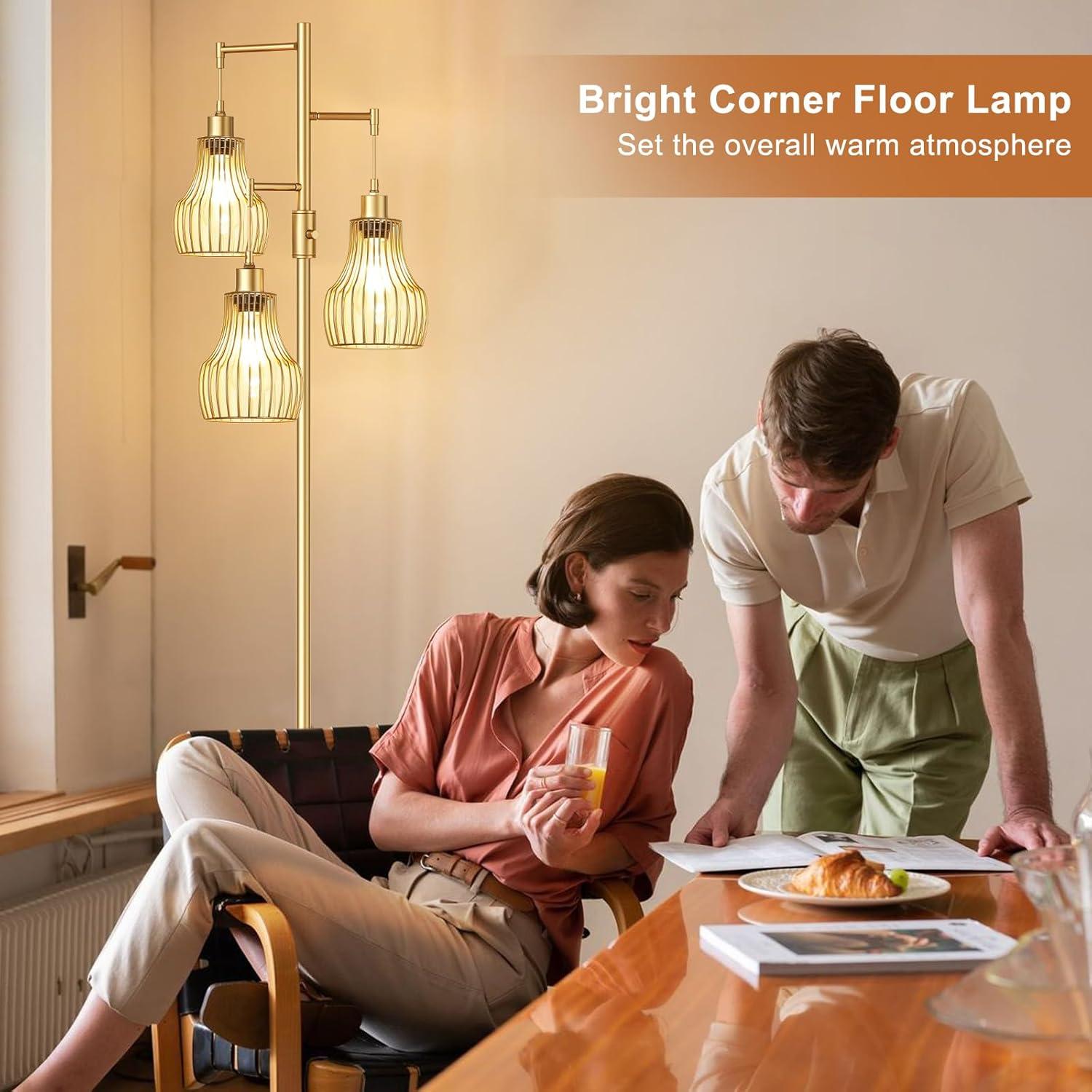 Dimmable Gold Floor Lamps for Living Room, Industrial Tree Standing Tall Lamps with 3 Elegant Cage Shade & 800 Lumens LED Bulbs for Bedroom Office