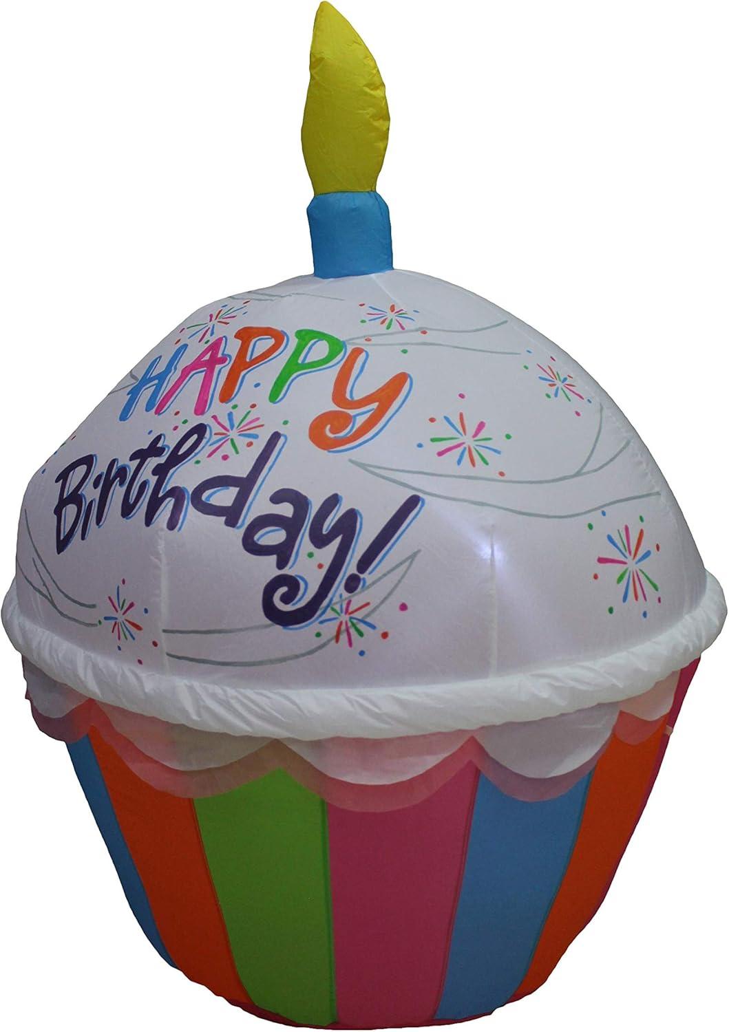 4 Foot Tall Cute Happy Birthday Inflatable Cupcake with Candle Lighted Blowup Party Decoration for Outdoor Indoor Home Celebration Garden Yard Prop
