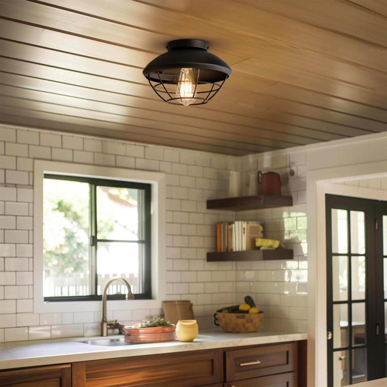 Matte Black Metal Cage Flush Mount Outdoor Ceiling Light