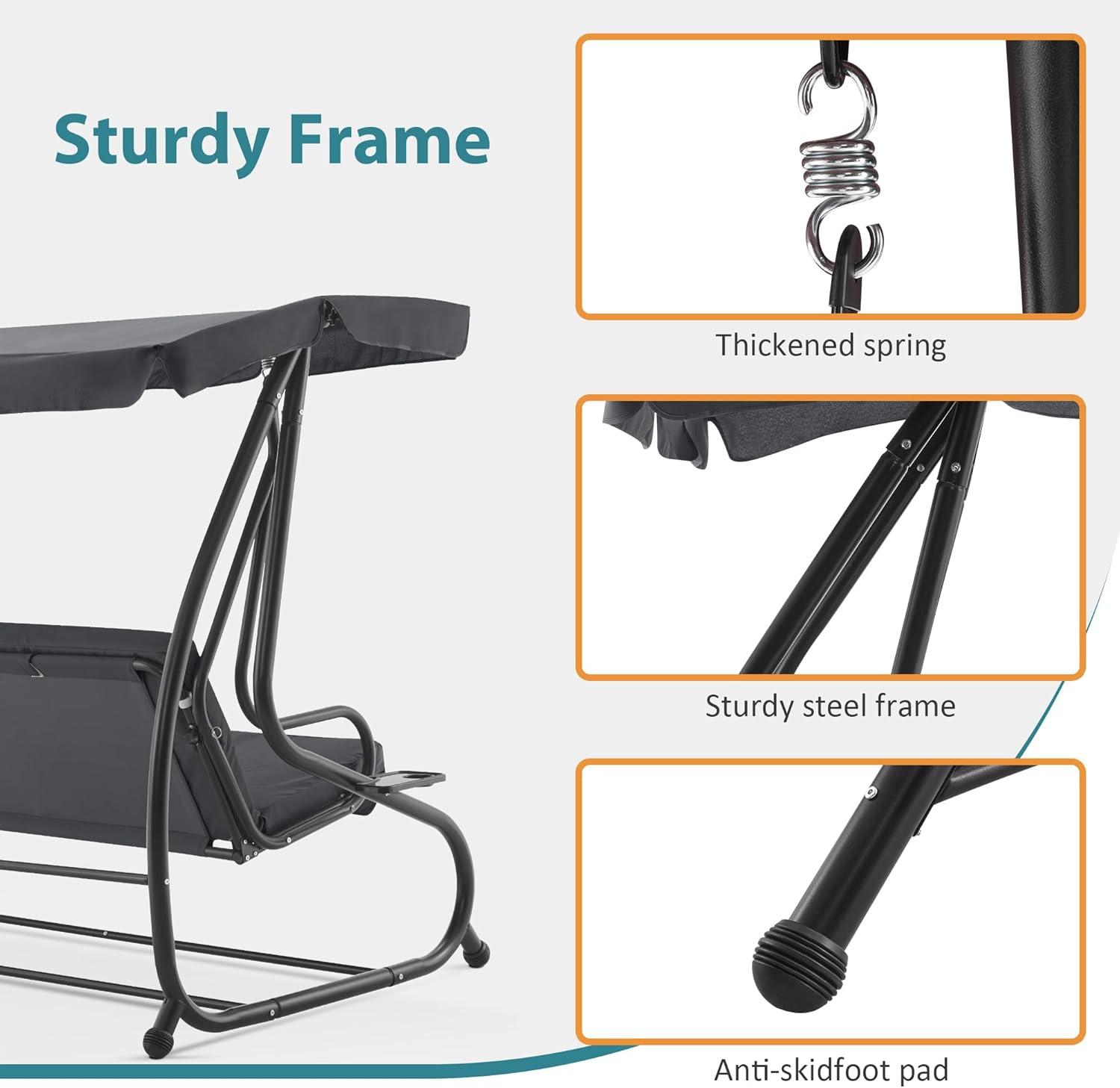 MCombo 3 Seat Patio Swing Chair, Outdoor Swing with Adjustable Canopy, Porch Swing