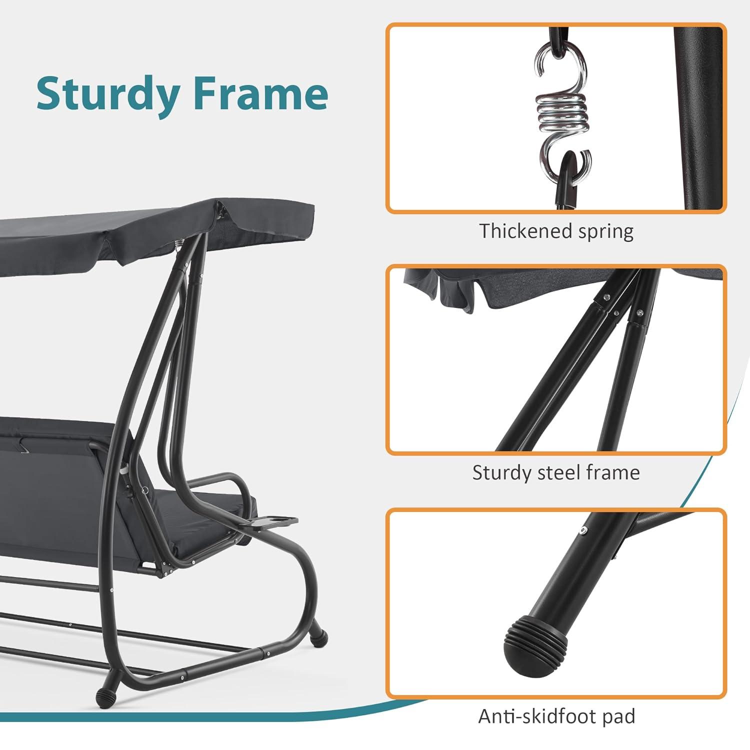MCombo 3 Seat Patio Swing Chair, Outdoor Swing with Adjustable Canopy, Porch Swing