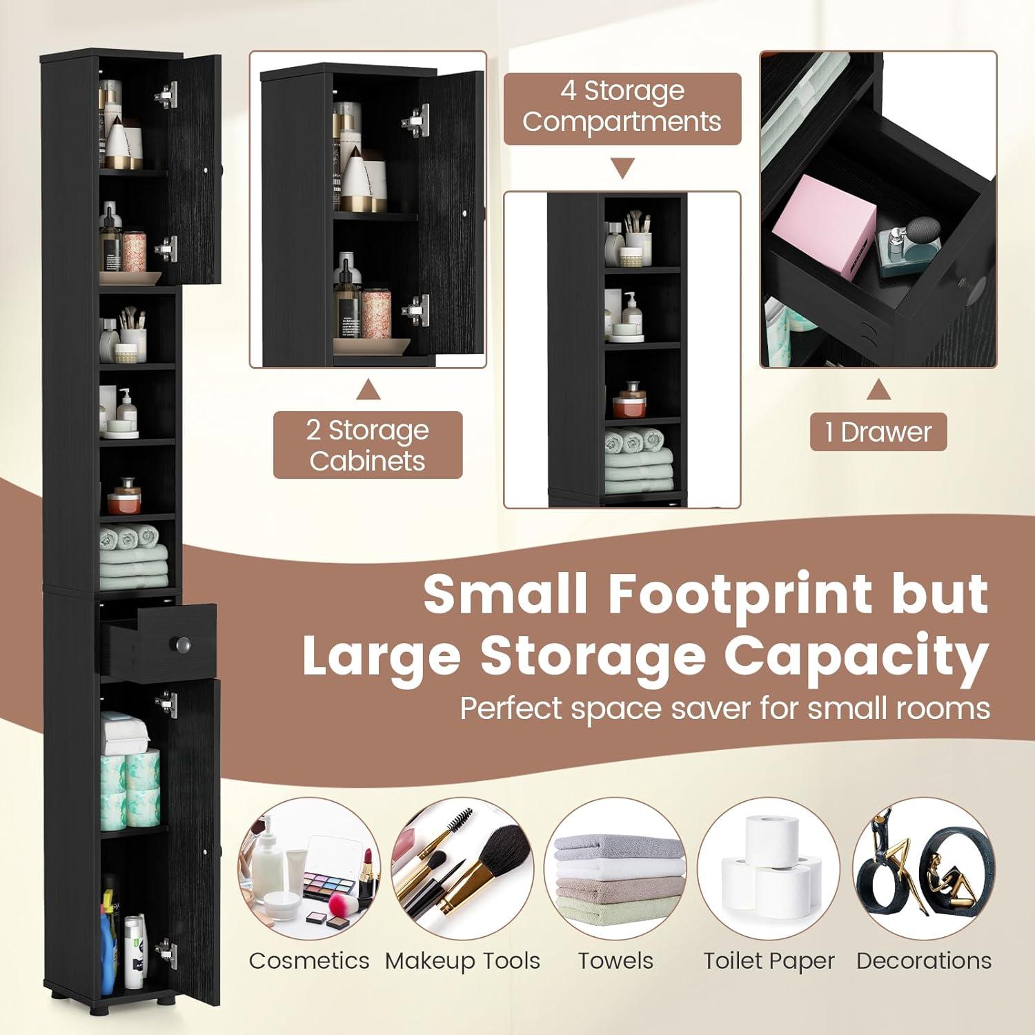Tangkula Tall Slim Bathroom Storage Cabinet 71" Freestanding w/ 2 Doors 1 Drawer & 5 Adjustable Shelves Narrow Tower Cabinet for Small Spaces Black