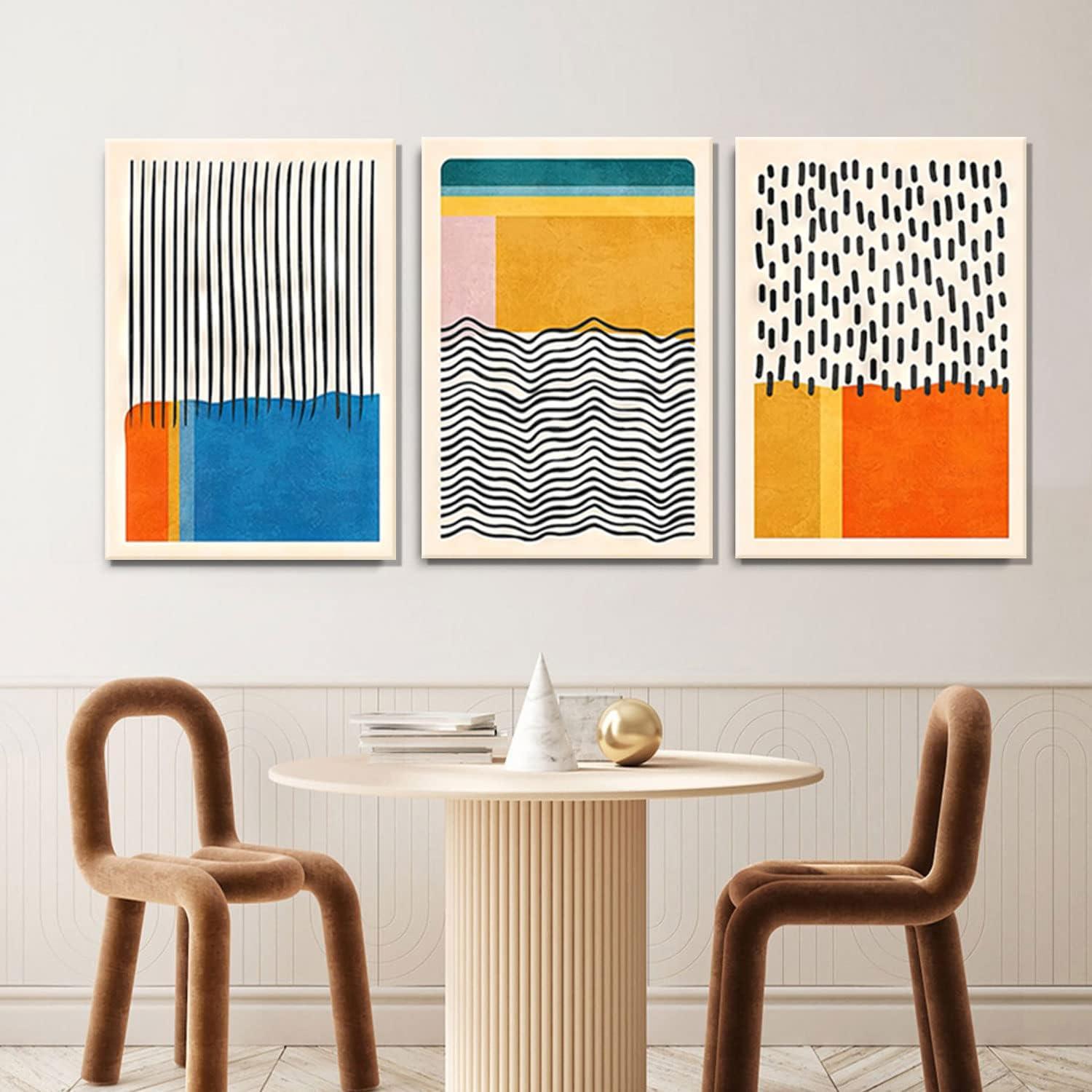 Midcentury Modern Framed Wall Art for Living Room Set of 3 Mid Century Modern Abstract Canvas Painting Print Boho Color Blocks Home Decor Colorful Minimalist Pictures for Bedroom 12"x16"x3