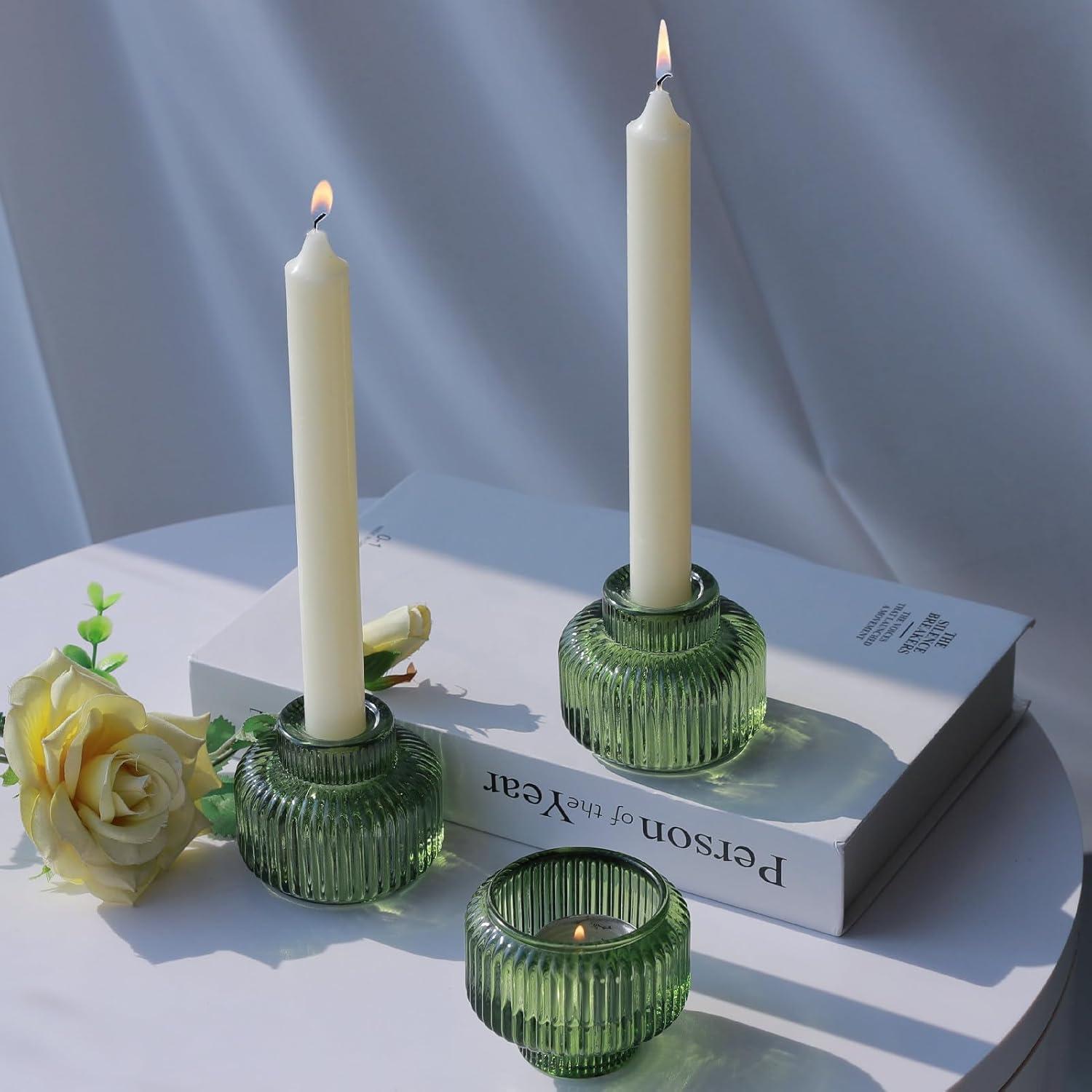 Green Ribbed Glass Reversible Candlestick Holders, Set of 4